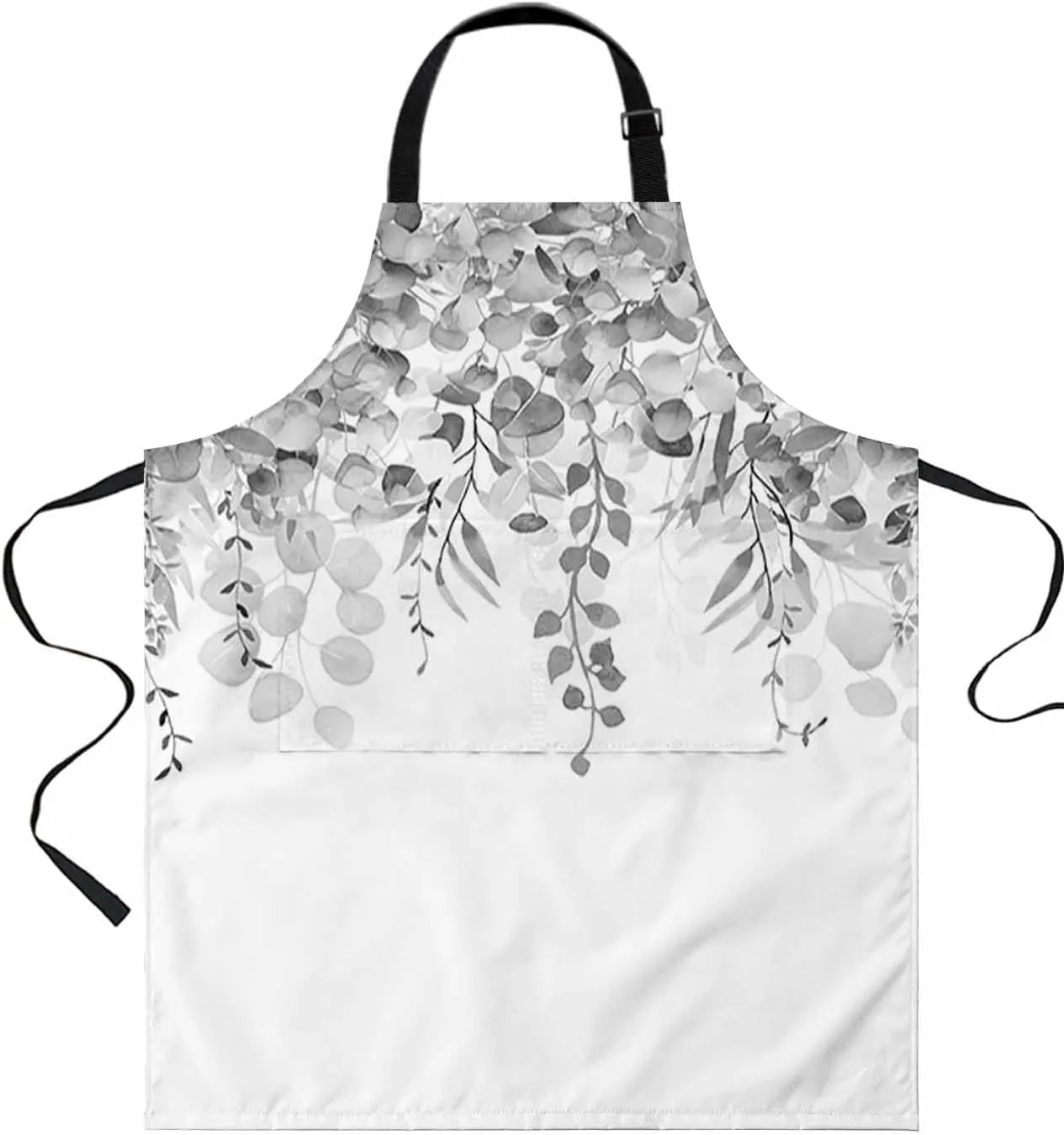 Grey Eucalyptus Waterproof Apron With Pockets, Fall Leaves Autumn Botanical Plant Kitchen Chefs Bib Cooking BBQ Grill Bake Adjustable Aprons for Women/Kids Home Garden Grooming Painting Gardening