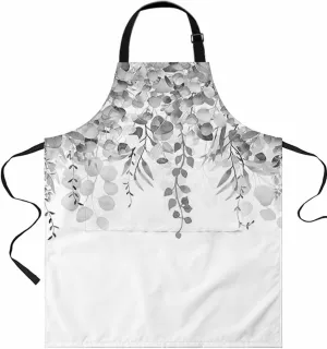 Grey Eucalyptus Waterproof Apron With Pockets, Fall Leaves Autumn Botanical Plant Kitchen Chefs Bib Cooking BBQ Grill Bake Adjustable Aprons for Women/Kids Home Garden Grooming Painting Gardening