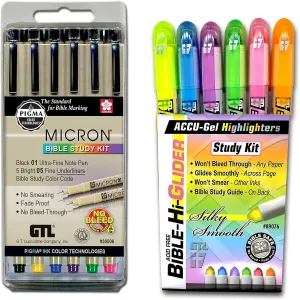 G.T. Luscombe Company, Inc. Deluxe No Bleed Highlighting & Underlining Bible Study Kit | Accu-Gel Bible Highlighter Study Kit   Pigma Micron 01 Fine & 05 Medium Point Bible Study Kit | New Packaging |