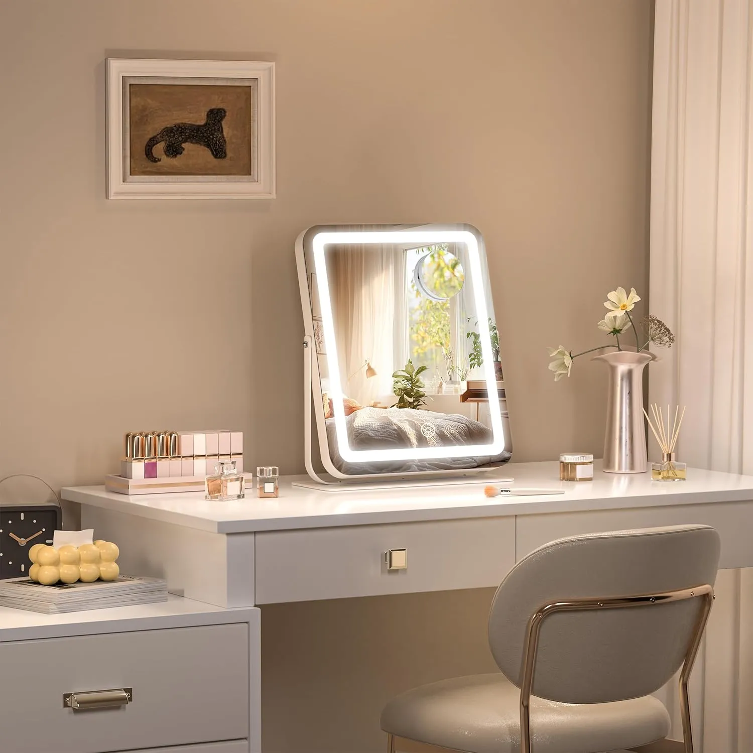 Hasipu Makeup Vanity Mirror with Lights, 12" L x 14" W LED Tabletop Make up Mirror for Desk, Lighting & Brightness Adjustment, 360°Rotation, 10x Magnification