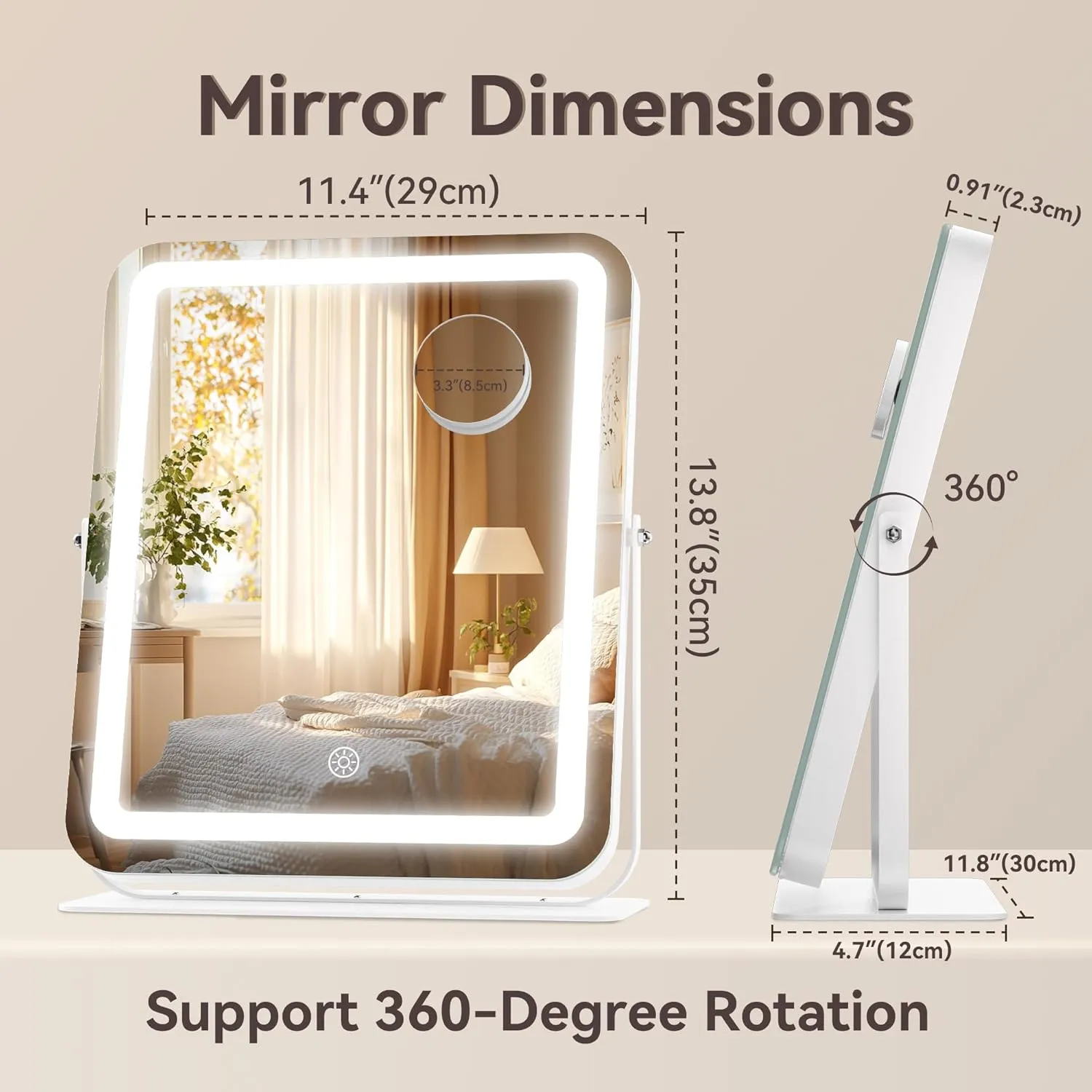 Hasipu Makeup Vanity Mirror with Lights, 12" L x 14" W LED Tabletop Make up Mirror for Desk, Lighting & Brightness Adjustment, 360°Rotation, 10x Magnification