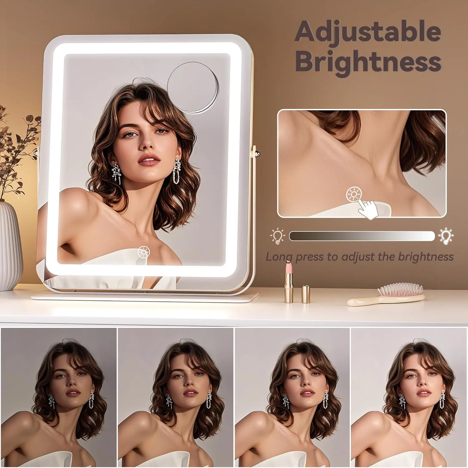 Hasipu Makeup Vanity Mirror with Lights, 12" L x 14" W LED Tabletop Make up Mirror for Desk, Lighting & Brightness Adjustment, 360°Rotation, 10x Magnification