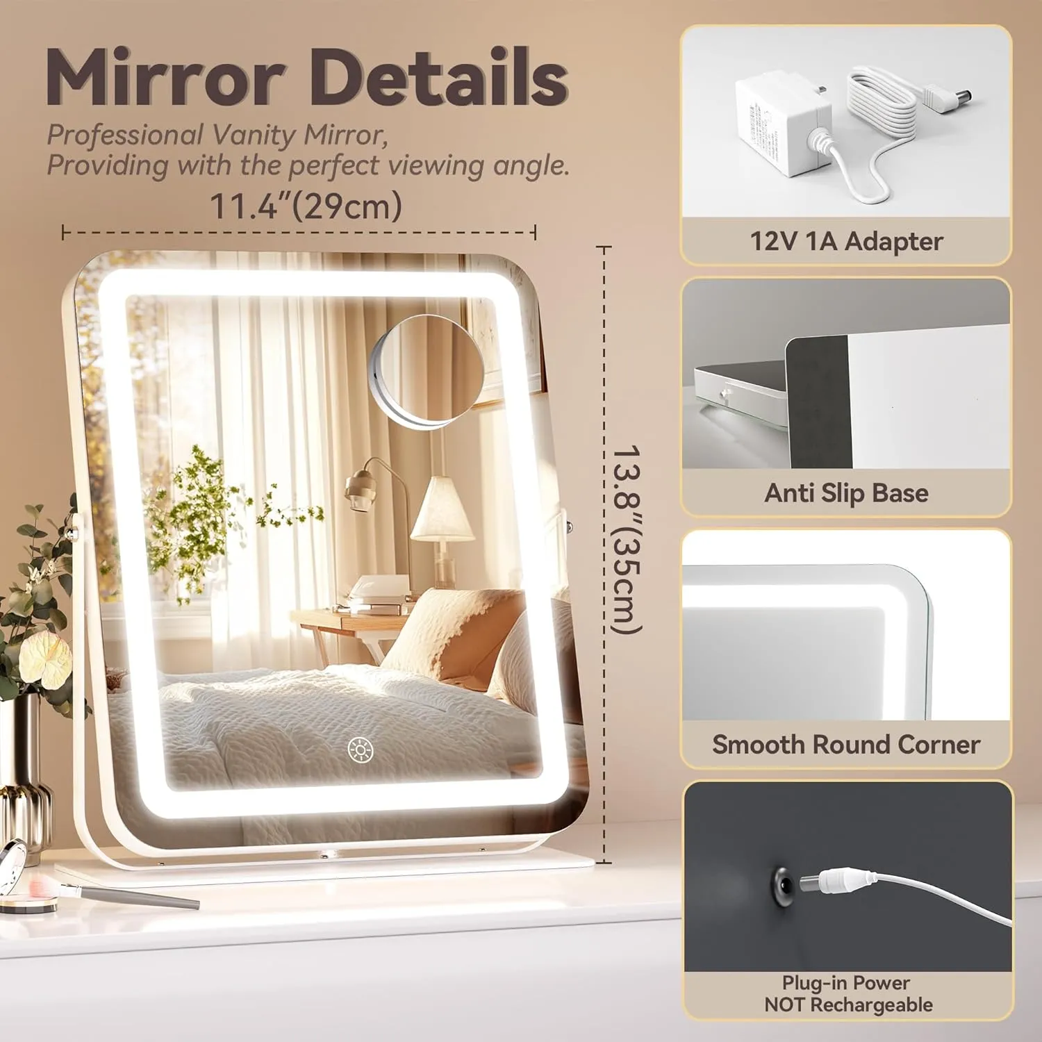 Hasipu Makeup Vanity Mirror with Lights, 12" L x 14" W LED Tabletop Make up Mirror for Desk, Lighting & Brightness Adjustment, 360°Rotation, 10x Magnification