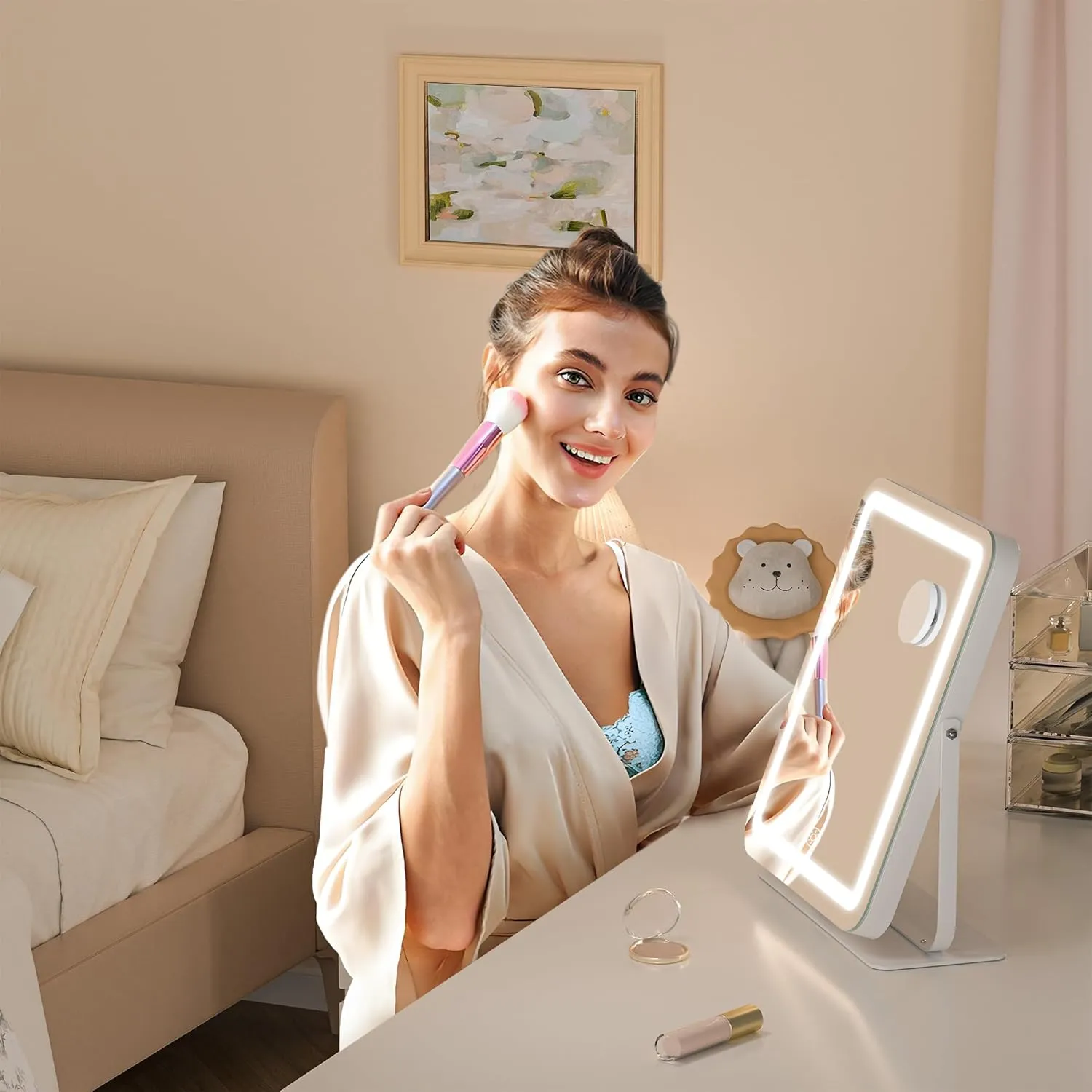 Hasipu Makeup Vanity Mirror with Lights, 12" L x 14" W LED Tabletop Make up Mirror for Desk, Lighting & Brightness Adjustment, 360°Rotation, 10x Magnification