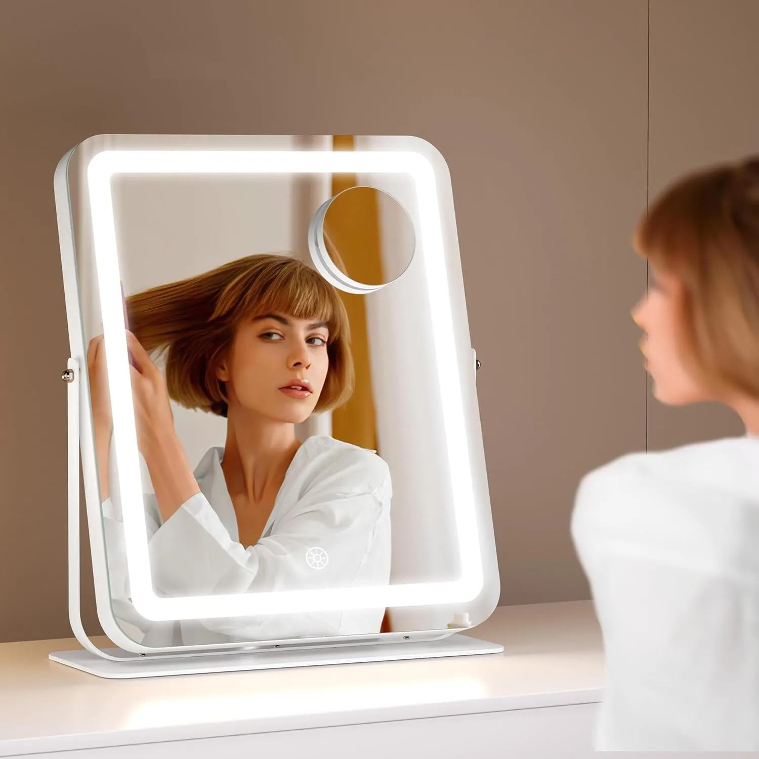 Hasipu Makeup Vanity Mirror with Lights, 12" L x 14" W LED Tabletop Make up Mirror for Desk, Lighting & Brightness Adjustment, 360°Rotation, 10x Magnification