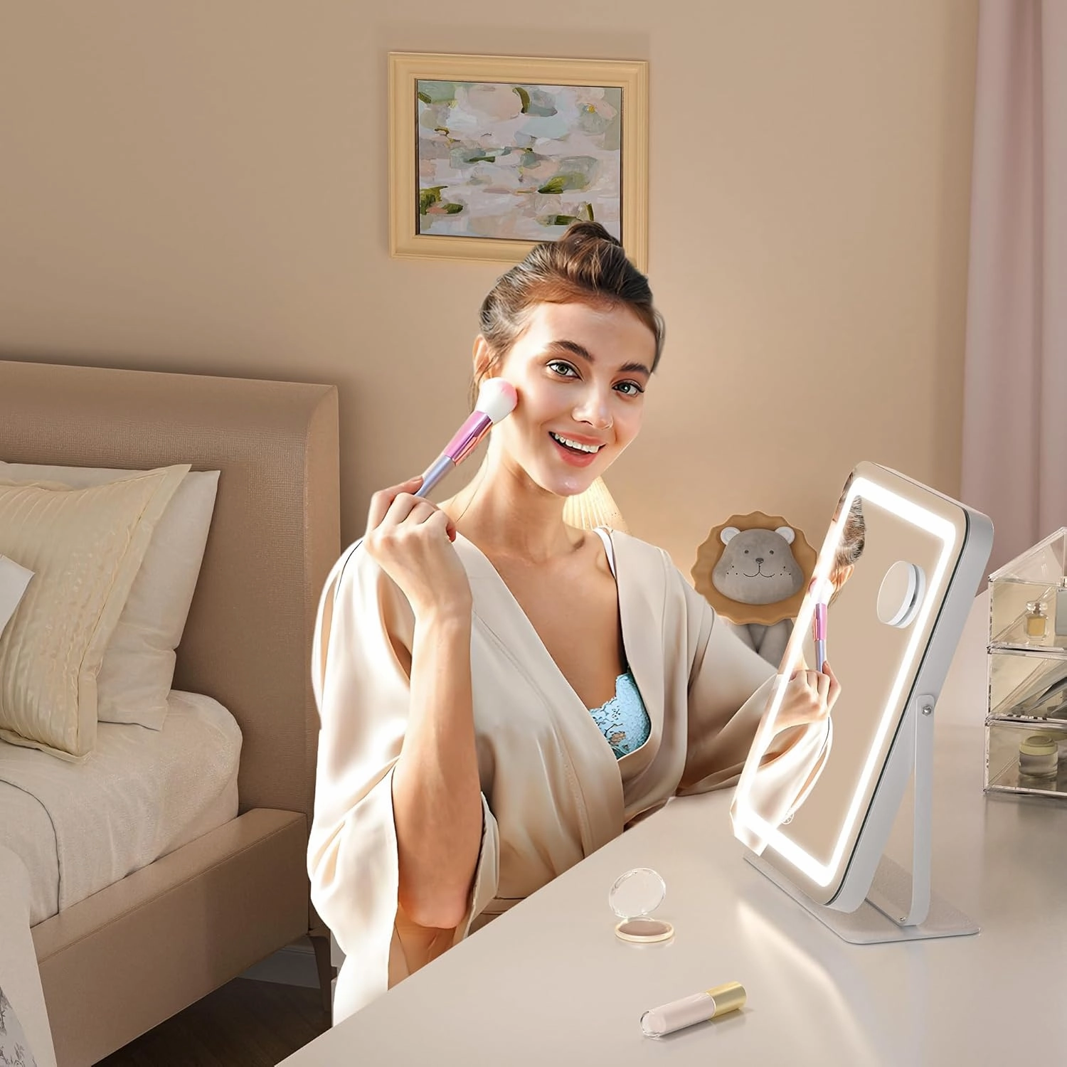 Hasipu Makeup Vanity Mirror with Lights, 11" L x 14" W LED Tabletop Make up Mirror for Desk, Lighting & Brightness Adjustment, 360°Rotation, 10x Magnification