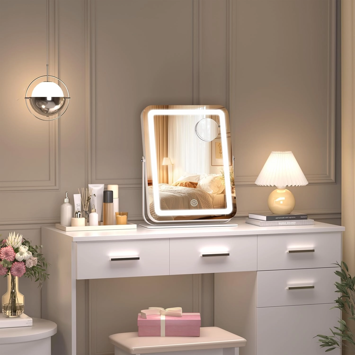 Hasipu Makeup Vanity Mirror with Lights, 11" L x 14" W LED Tabletop Make up Mirror for Desk, Lighting & Brightness Adjustment, 360°Rotation, 10x Magnification