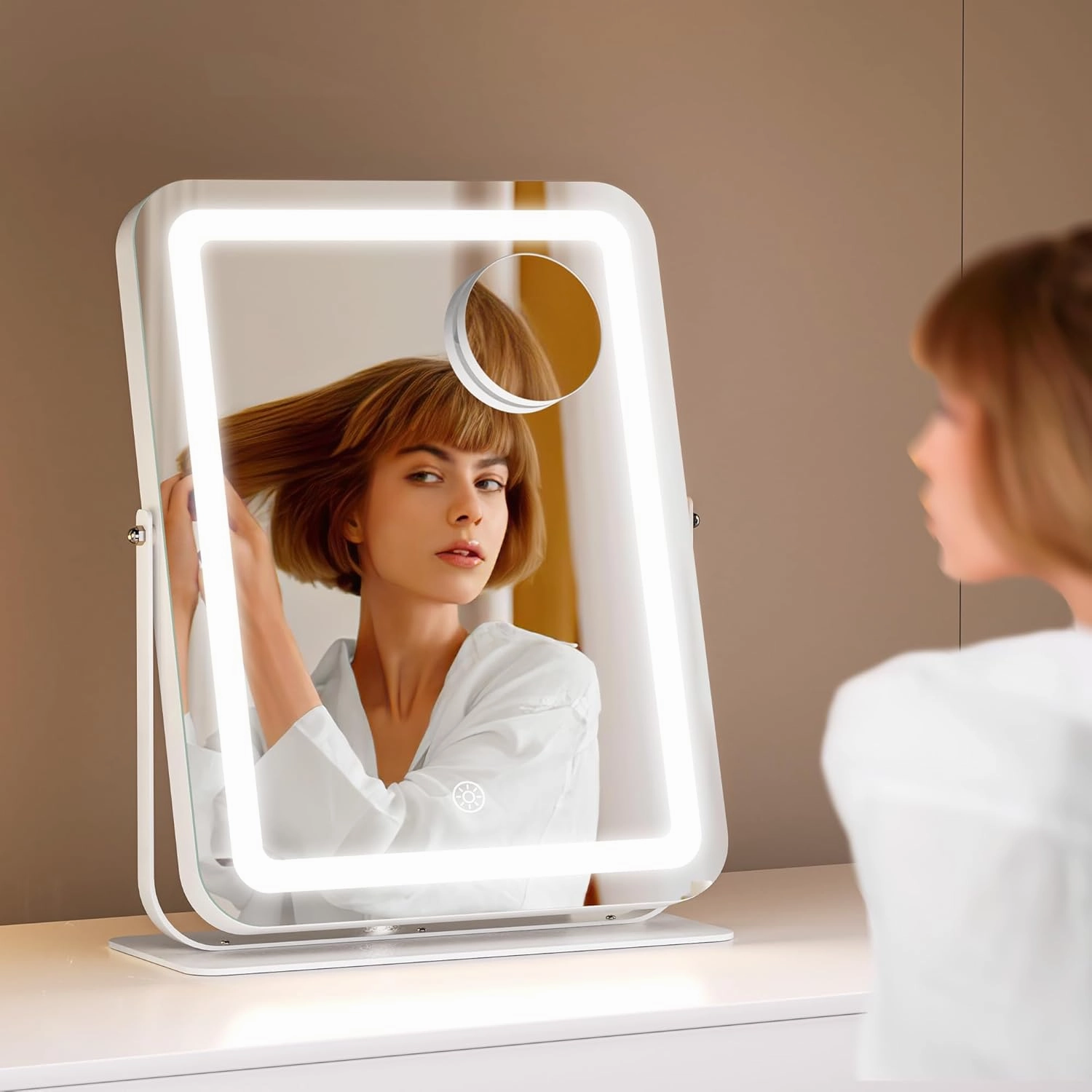 Hasipu Makeup Vanity Mirror with Lights, 11" L x 14" W LED Tabletop Make up Mirror for Desk, Lighting & Brightness Adjustment, 360°Rotation, 10x Magnification