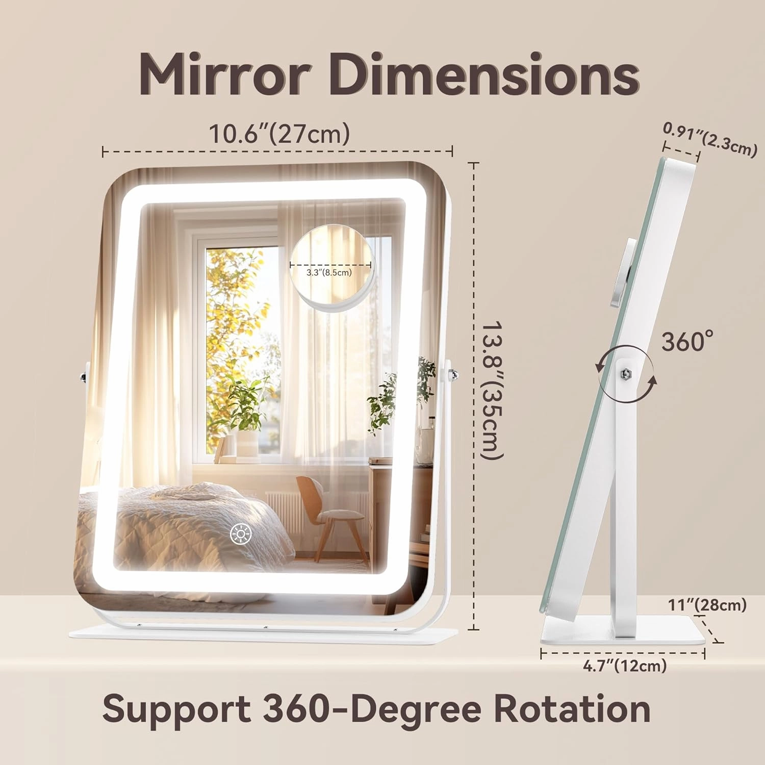 Hasipu Makeup Vanity Mirror with Lights, 11" L x 14" W LED Tabletop Make up Mirror for Desk, Lighting & Brightness Adjustment, 360°Rotation, 10x Magnification