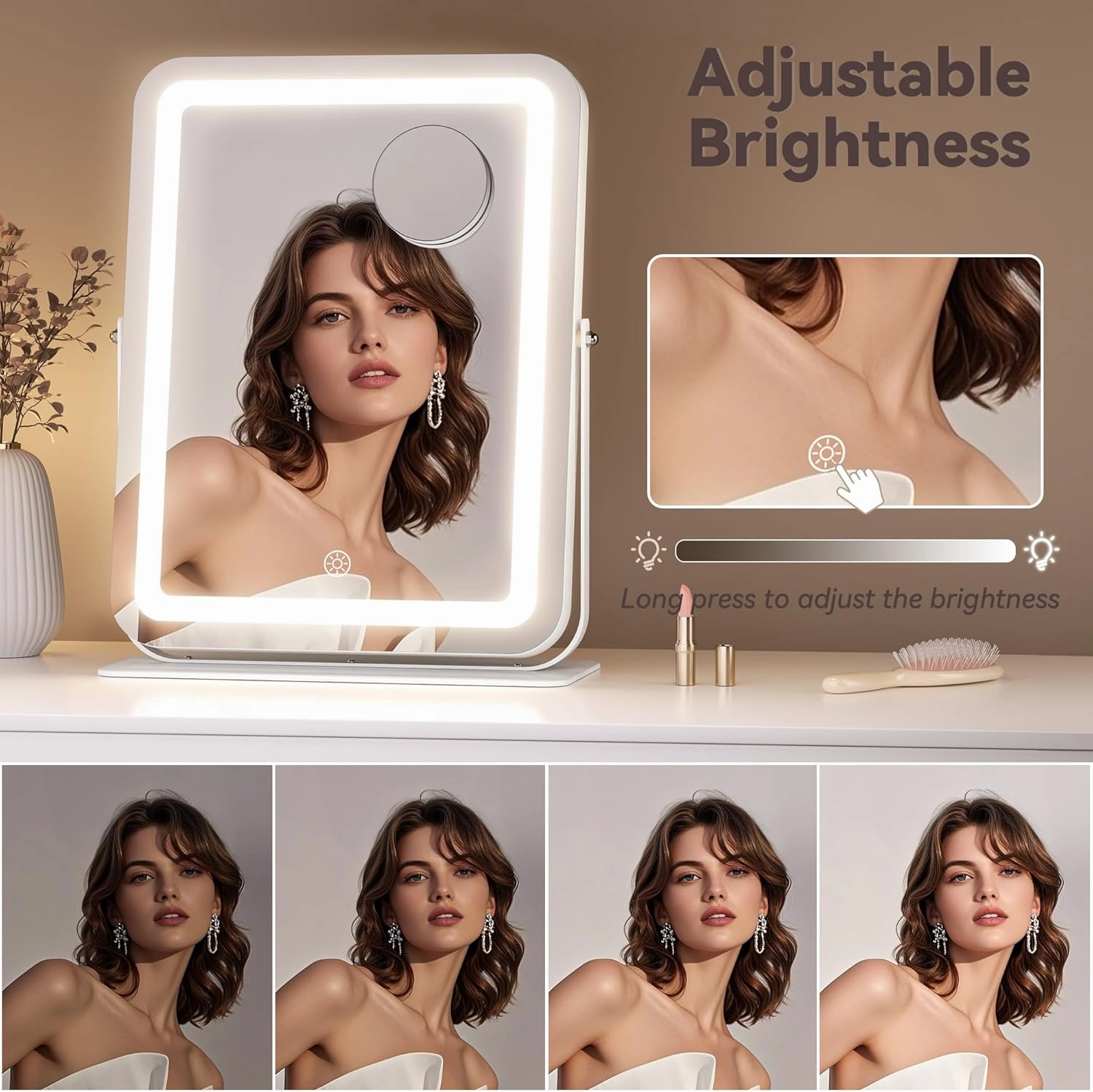Hasipu Makeup Vanity Mirror with Lights, 11" L x 14" W LED Tabletop Make up Mirror for Desk, Lighting & Brightness Adjustment, 360°Rotation, 10x Magnification
