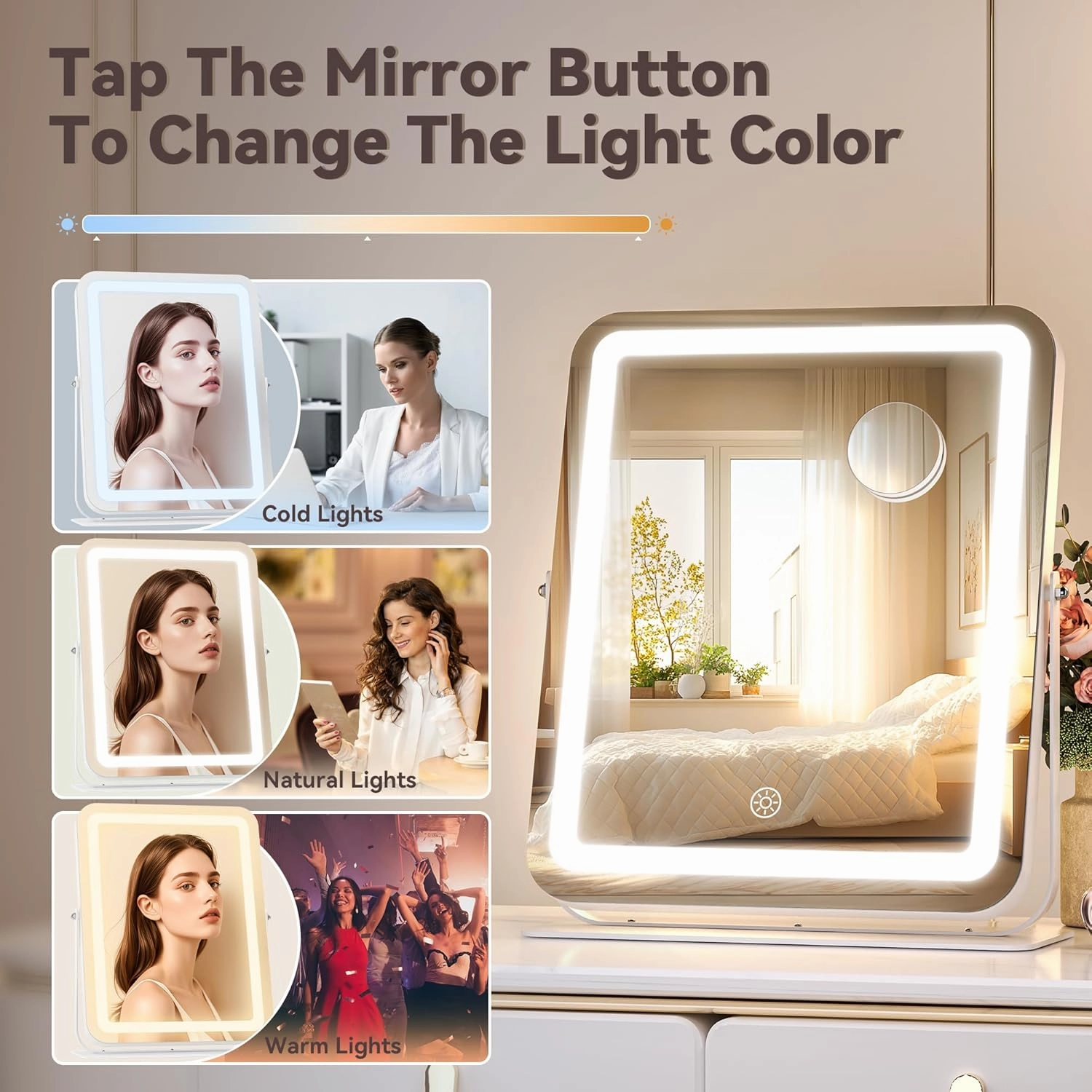Hasipu Makeup Vanity Mirror with Lights, 11" L x 14" W LED Tabletop Make up Mirror for Desk, Lighting & Brightness Adjustment, 360°Rotation, 10x Magnification