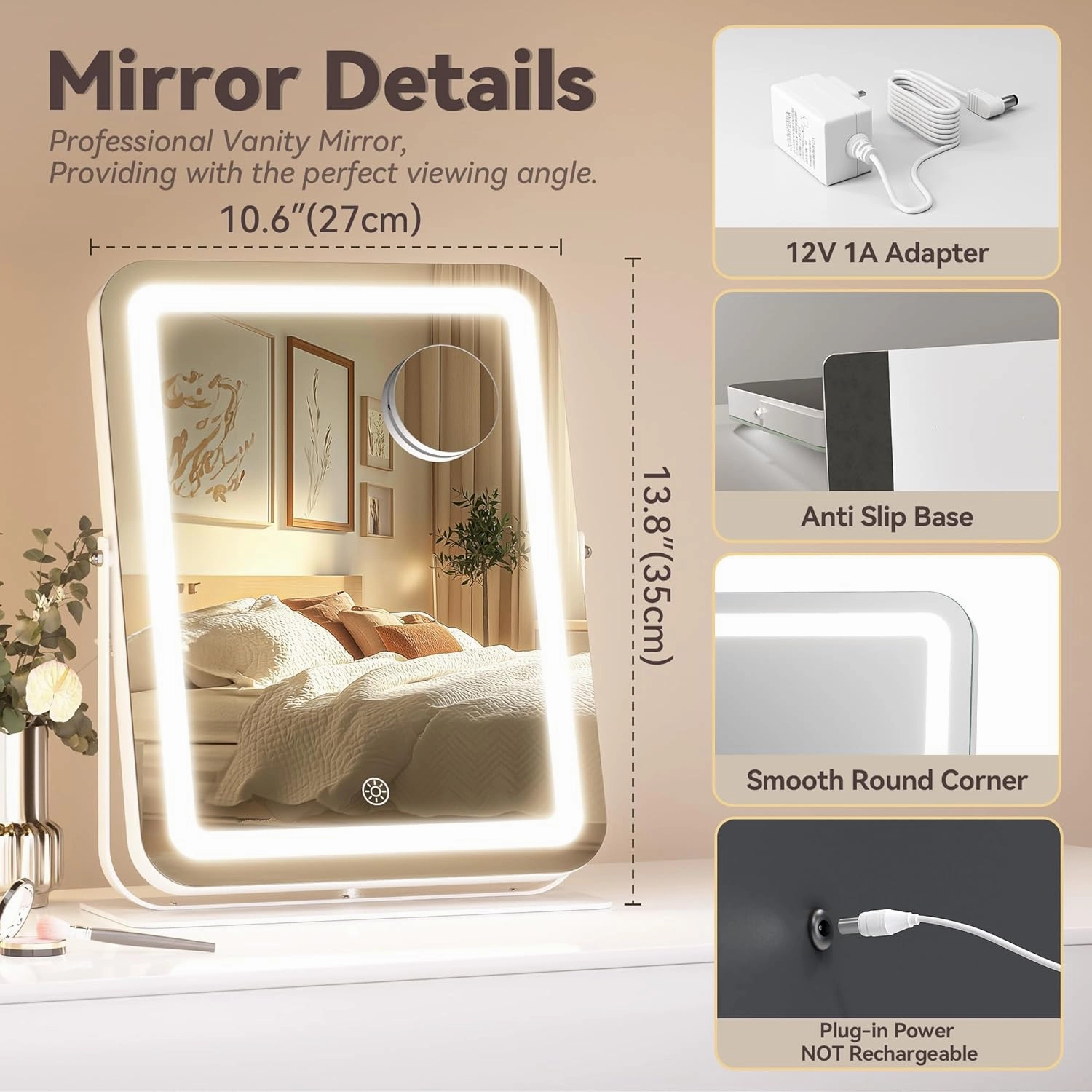 Hasipu Makeup Vanity Mirror with Lights, 11" L x 14" W LED Tabletop Make up Mirror for Desk, Lighting & Brightness Adjustment, 360°Rotation, 10x Magnification