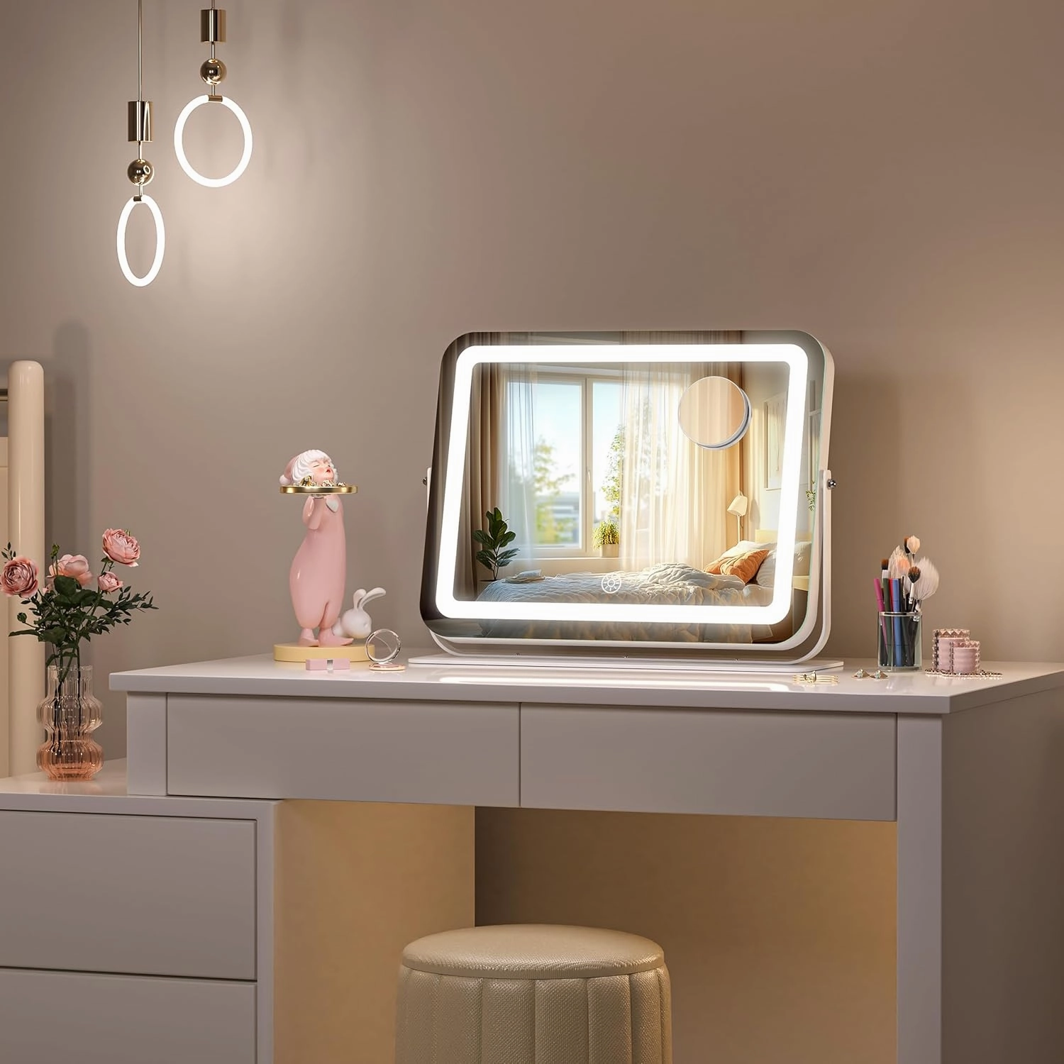 Hasipu Makeup Vanity Mirror with Lights, 14" L x 11" W LED Tabletop Make up Mirror for Desk, Lighting & Brightness Adjustment, 360°Rotation, 10x Magnification