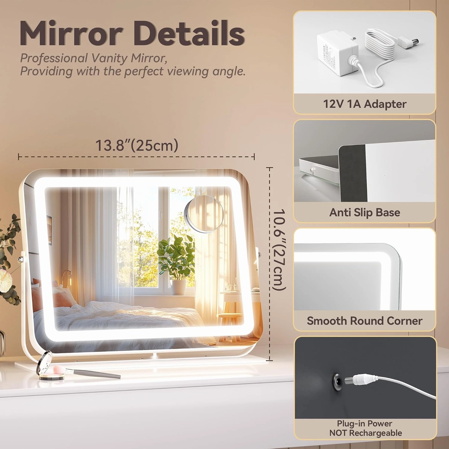 Hasipu Makeup Vanity Mirror with Lights, 14" L x 11" W LED Tabletop Make up Mirror for Desk, Lighting & Brightness Adjustment, 360°Rotation, 10x Magnification