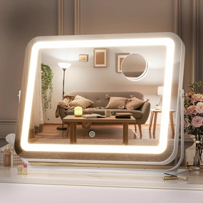 Hasipu Makeup Vanity Mirror with Lights, 14" L x 11" W LED Tabletop Make up Mirror for Desk, Lighting & Brightness Adjustment, 360°Rotation, 10x Magnification