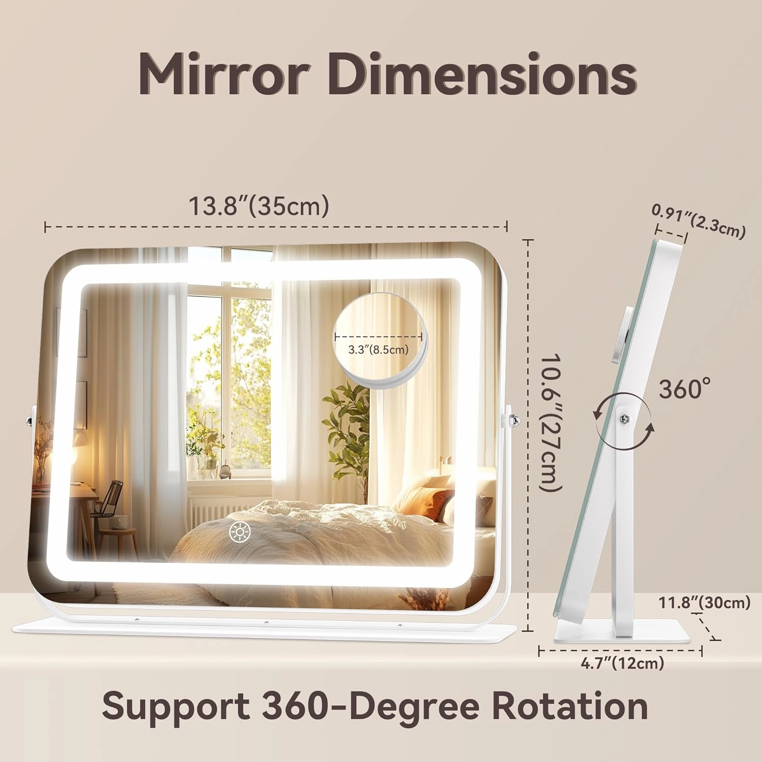 Hasipu Makeup Vanity Mirror with Lights, 14" L x 11" W LED Tabletop Make up Mirror for Desk, Lighting & Brightness Adjustment, 360°Rotation, 10x Magnification