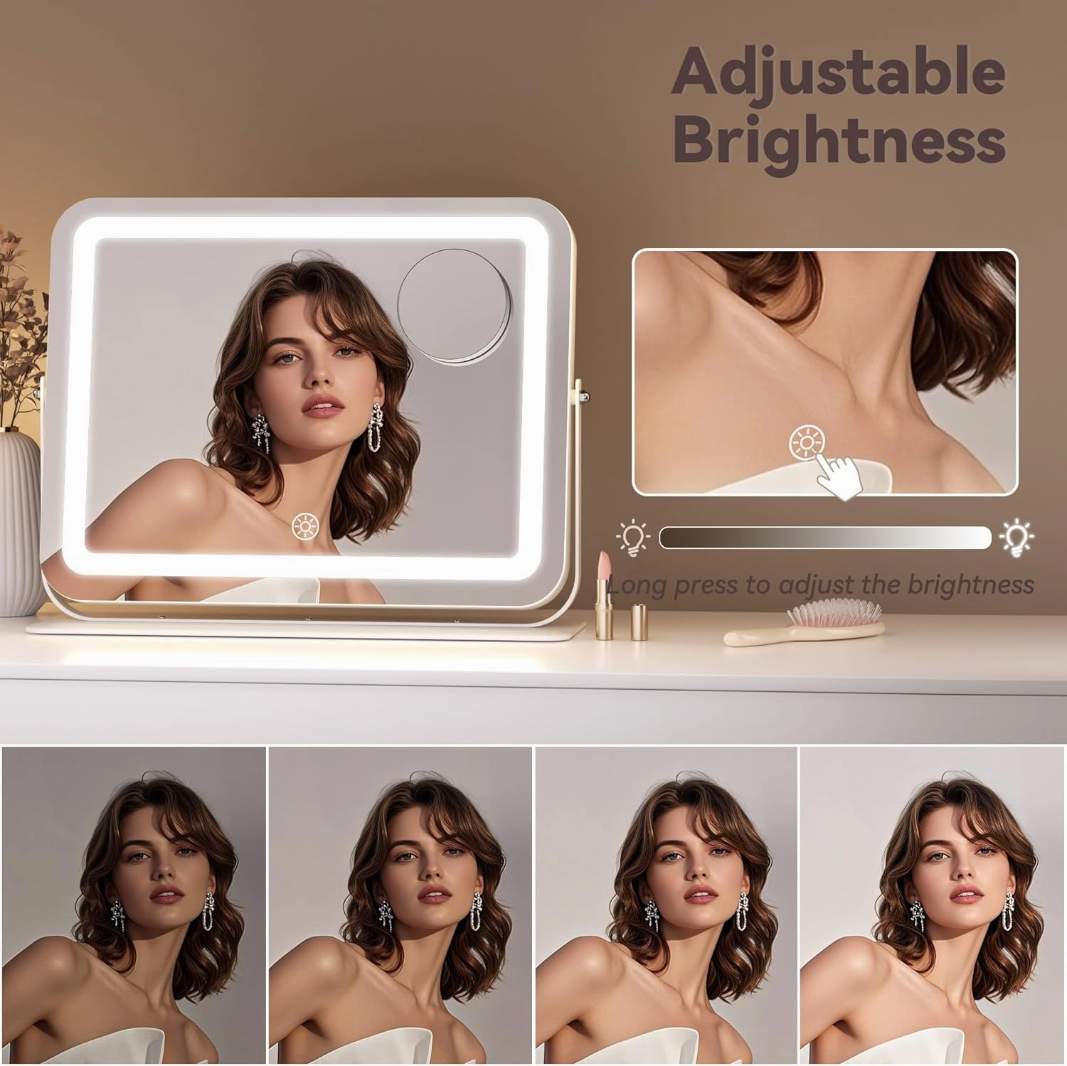 Hasipu Makeup Vanity Mirror with Lights, 14" L x 11" W LED Tabletop Make up Mirror for Desk, Lighting & Brightness Adjustment, 360°Rotation, 10x Magnification