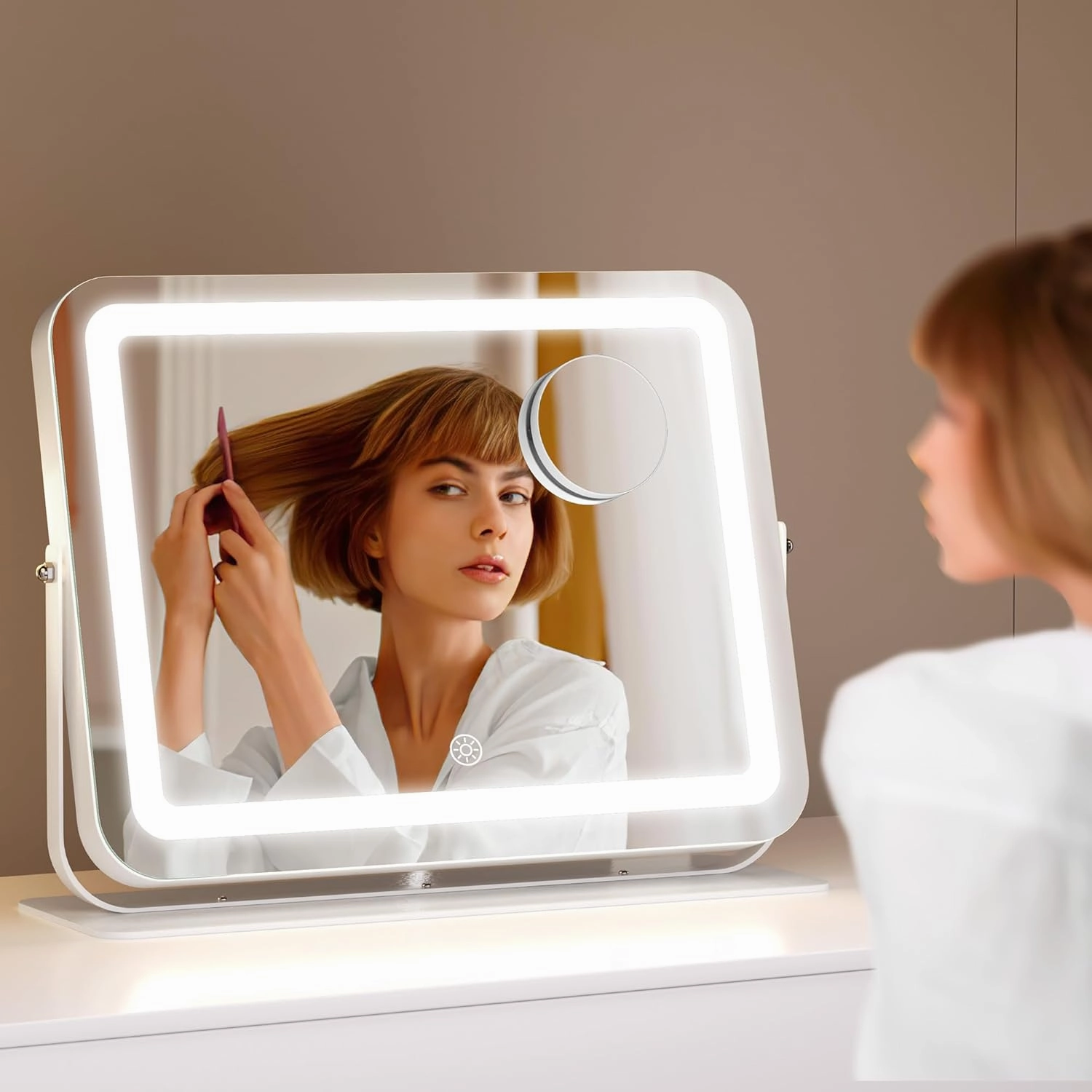 Hasipu Makeup Vanity Mirror with Lights, 14" L x 11" W LED Tabletop Make up Mirror for Desk, Lighting & Brightness Adjustment, 360°Rotation, 10x Magnification