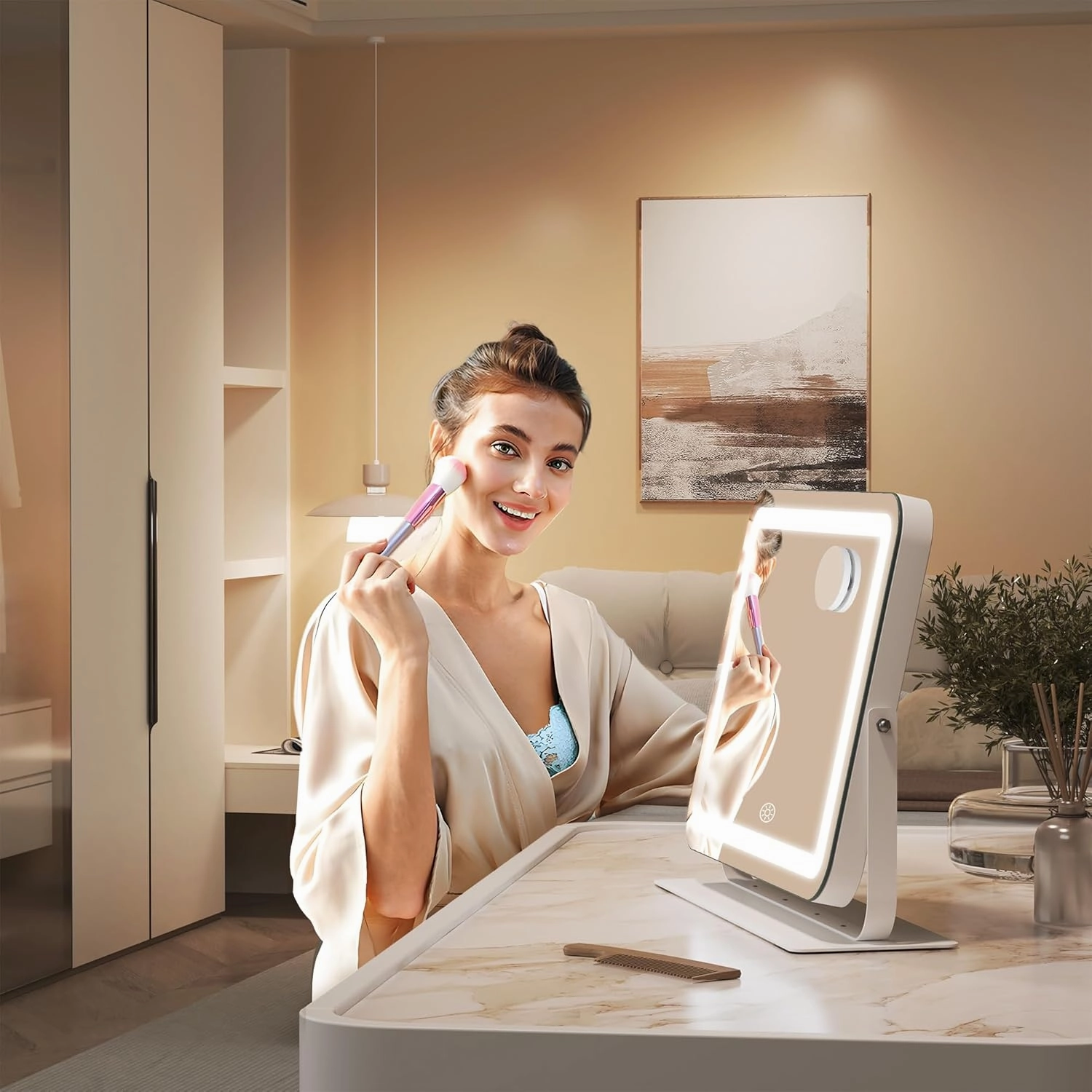 Hasipu Makeup Vanity Mirror with Lights, 15" L x 11" W LED Tabletop Make up Mirror for Desk, Lighting & Brightness Adjustment, 360°Rotation, 10x Magnification