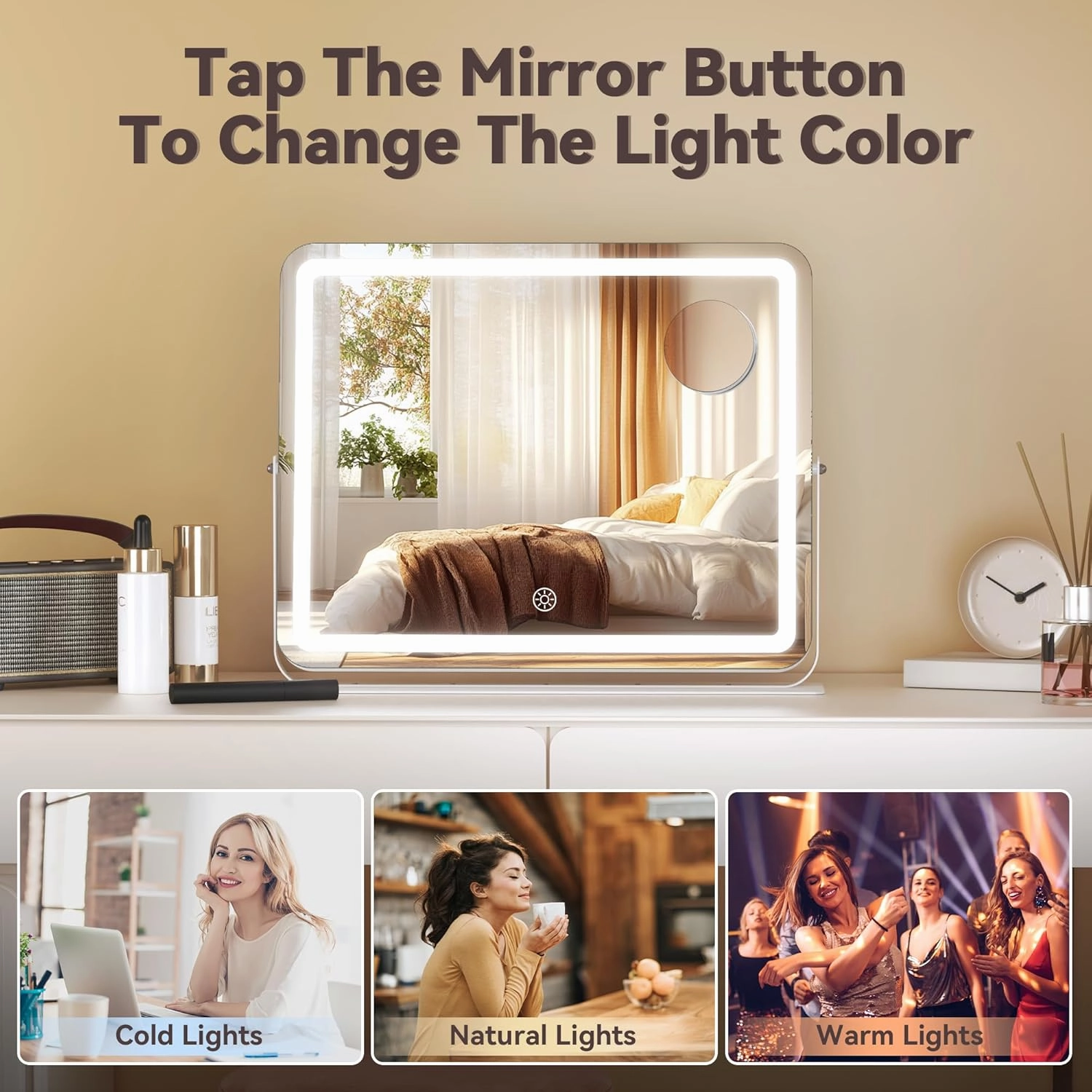 Hasipu Makeup Vanity Mirror with Lights, 15" L x 11" W LED Tabletop Make up Mirror for Desk, Lighting & Brightness Adjustment, 360°Rotation, 10x Magnification