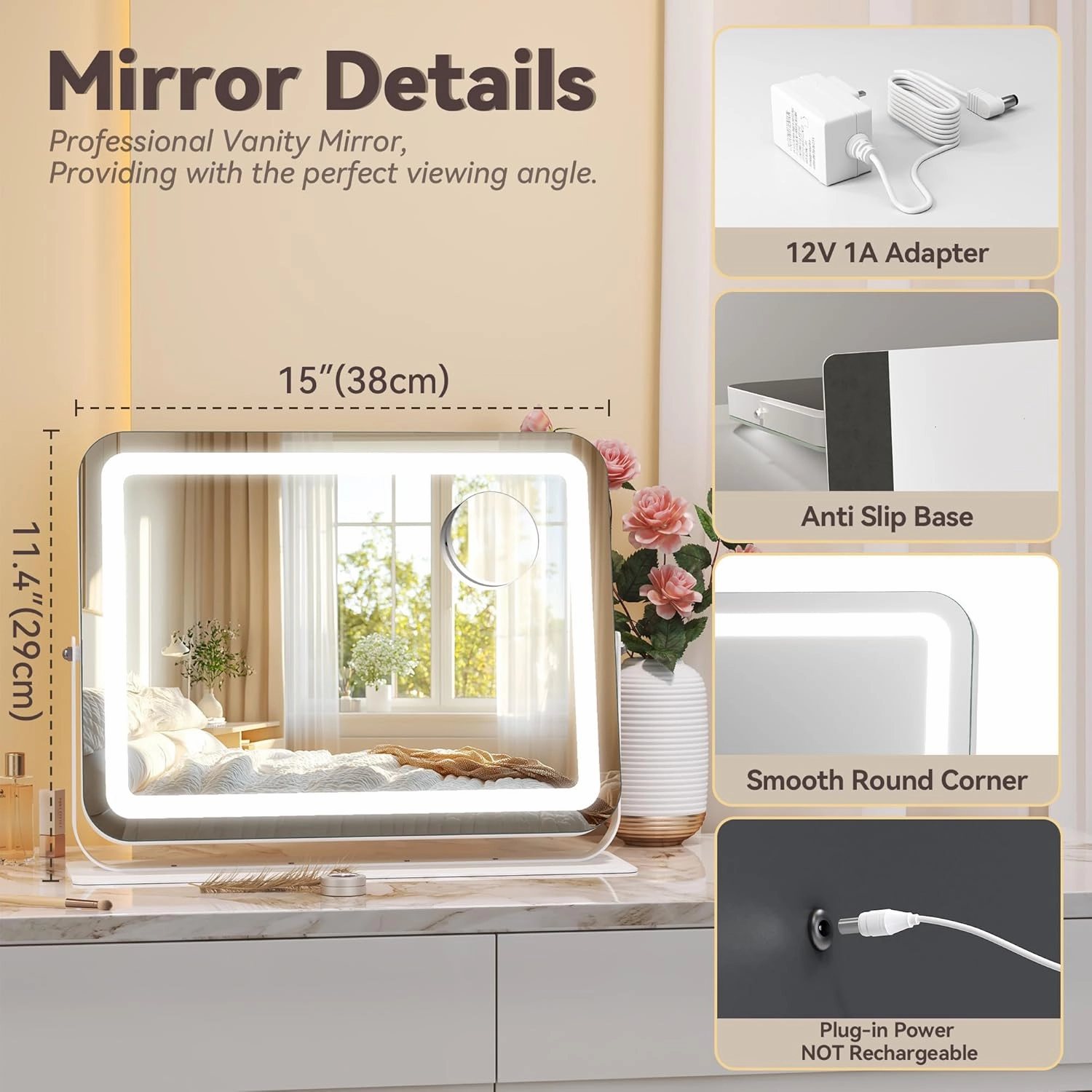 Hasipu Makeup Vanity Mirror with Lights, 15" L x 11" W LED Tabletop Make up Mirror for Desk, Lighting & Brightness Adjustment, 360°Rotation, 10x Magnification