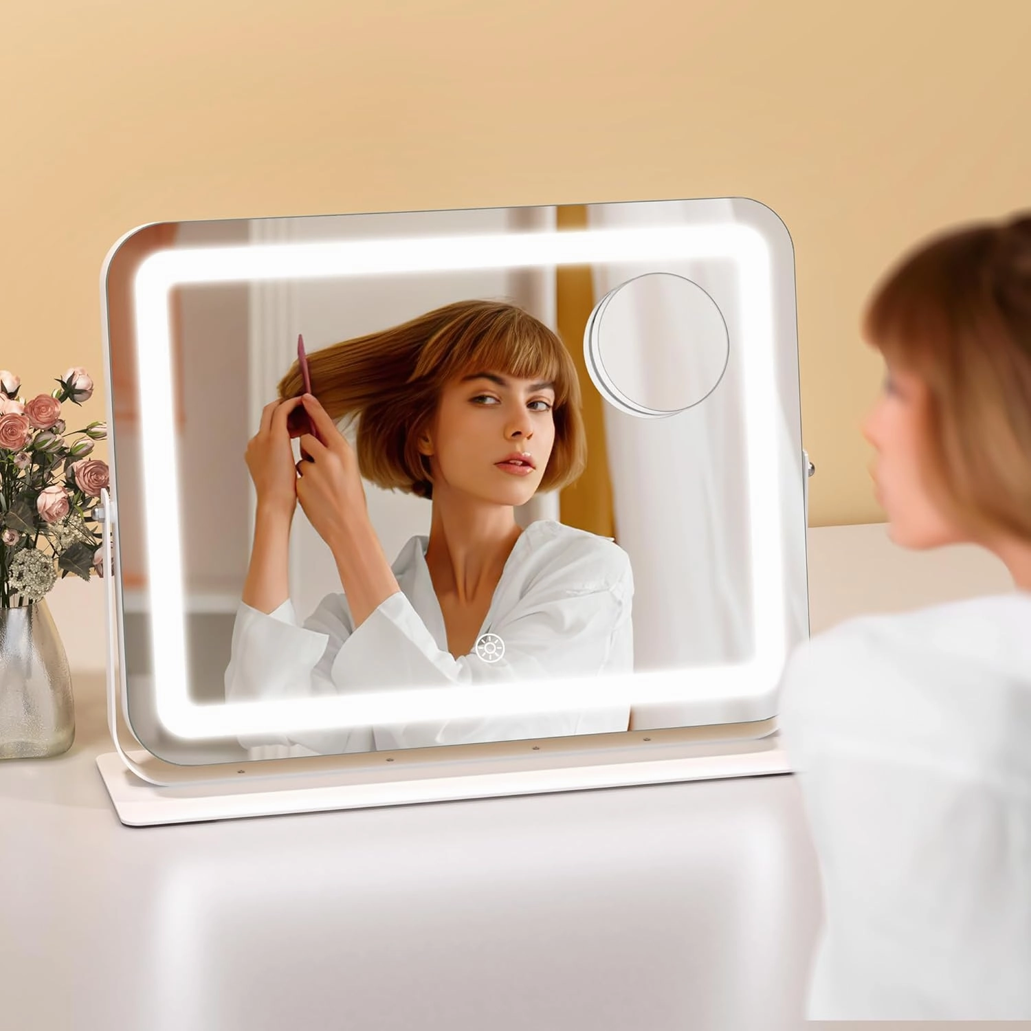 Hasipu Makeup Vanity Mirror with Lights, 15" L x 11" W LED Tabletop Make up Mirror for Desk, Lighting & Brightness Adjustment, 360°Rotation, 10x Magnification