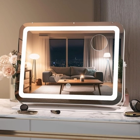 Hasipu Makeup Vanity Mirror with Lights, 15" L x 11" W LED Tabletop Make up Mirror for Desk, Lighting & Brightness Adjustment, 360°Rotation, 10x Magnification