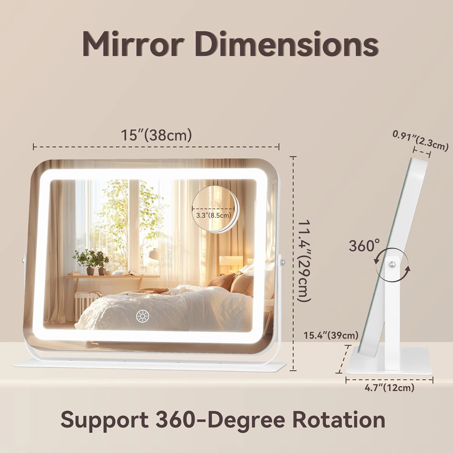 Hasipu Makeup Vanity Mirror with Lights, 15" L x 11" W LED Tabletop Make up Mirror for Desk, Lighting & Brightness Adjustment, 360°Rotation, 10x Magnification