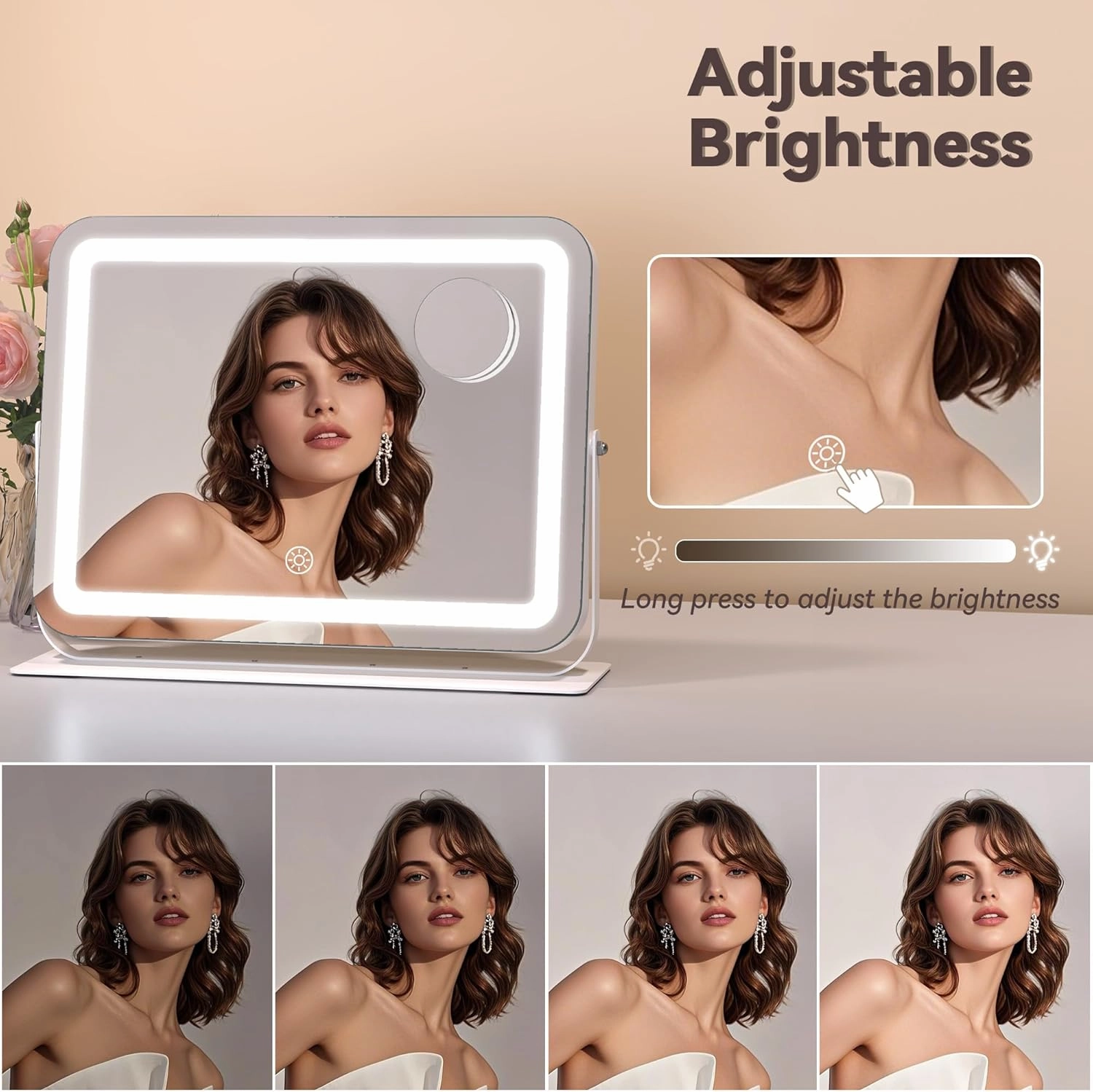 Hasipu Makeup Vanity Mirror with Lights, 15" L x 11" W LED Tabletop Make up Mirror for Desk, Lighting & Brightness Adjustment, 360°Rotation, 10x Magnification