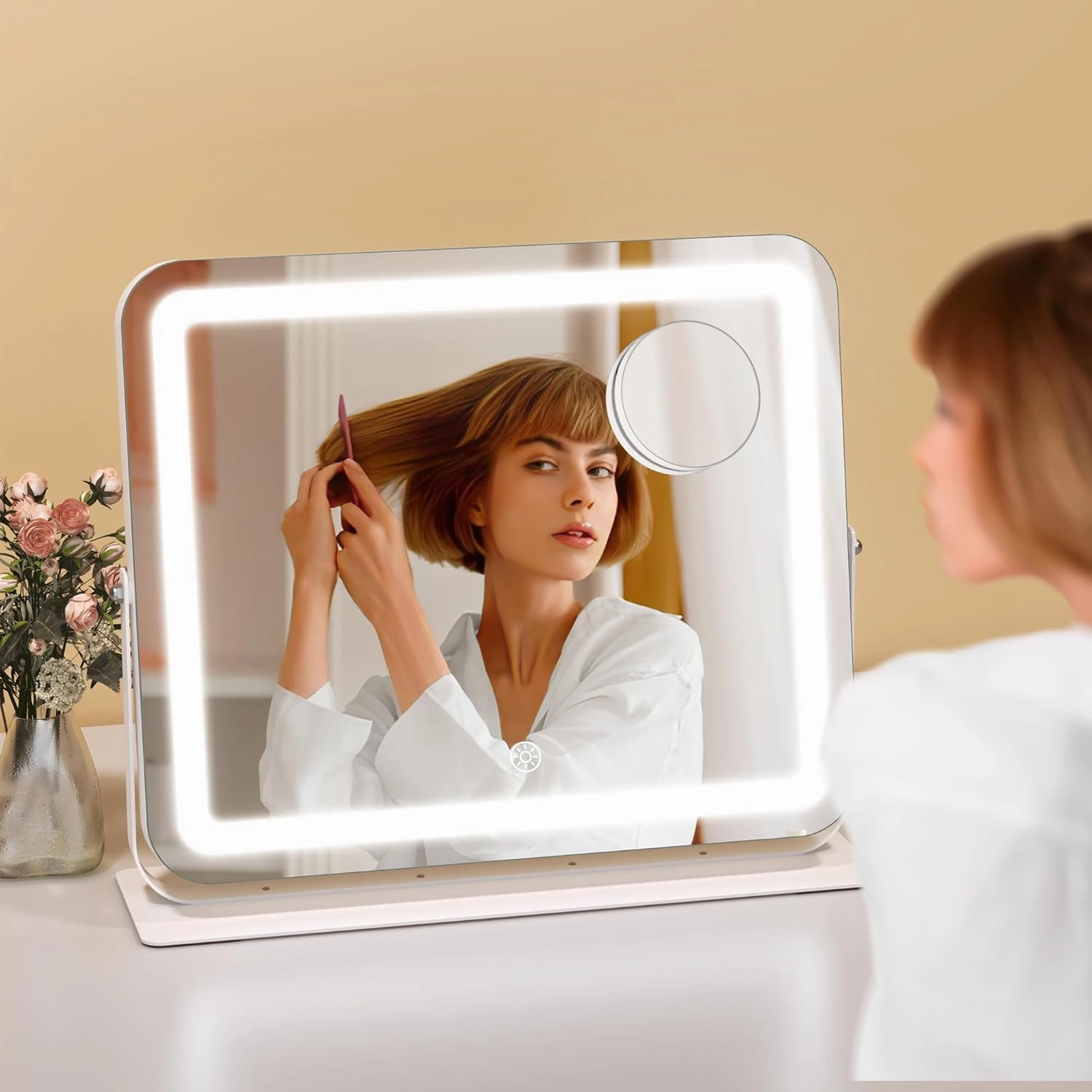 Hasipu Makeup Vanity Mirror with Lights, 15" L x 13" W LED Tabletop Make up Mirror for Desk, Lighting & Brightness Adjustment, 360°Rotation, 10x Magnification
