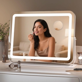 Hasipu Makeup Vanity Mirror with Lights, 15" L x 13" W LED Tabletop Make up Mirror for Desk, Lighting & Brightness Adjustment, 360°Rotation, 10x Magnification