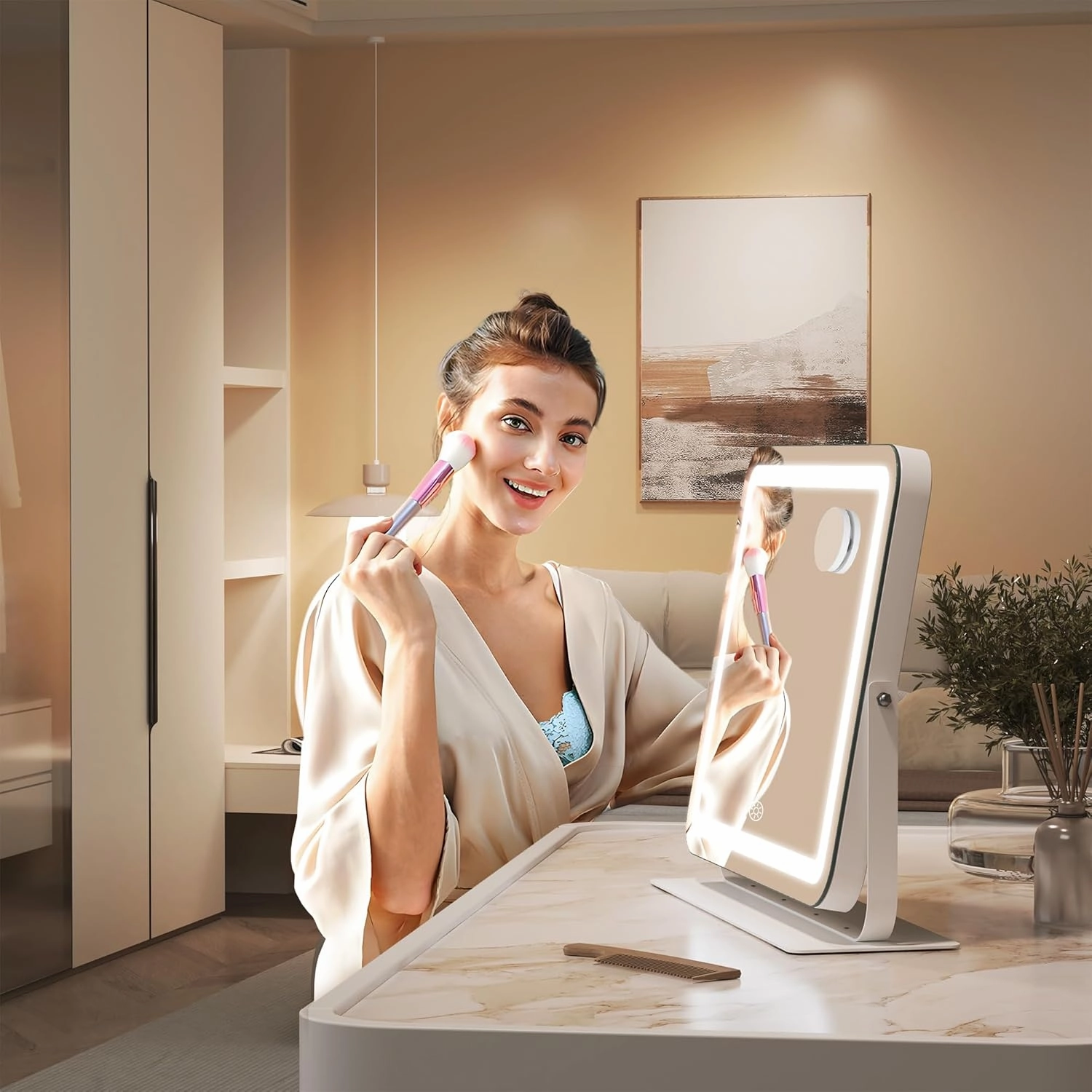 Hasipu Makeup Vanity Mirror with Lights, 15" L x 13" W LED Tabletop Make up Mirror for Desk, Lighting & Brightness Adjustment, 360°Rotation, 10x Magnification