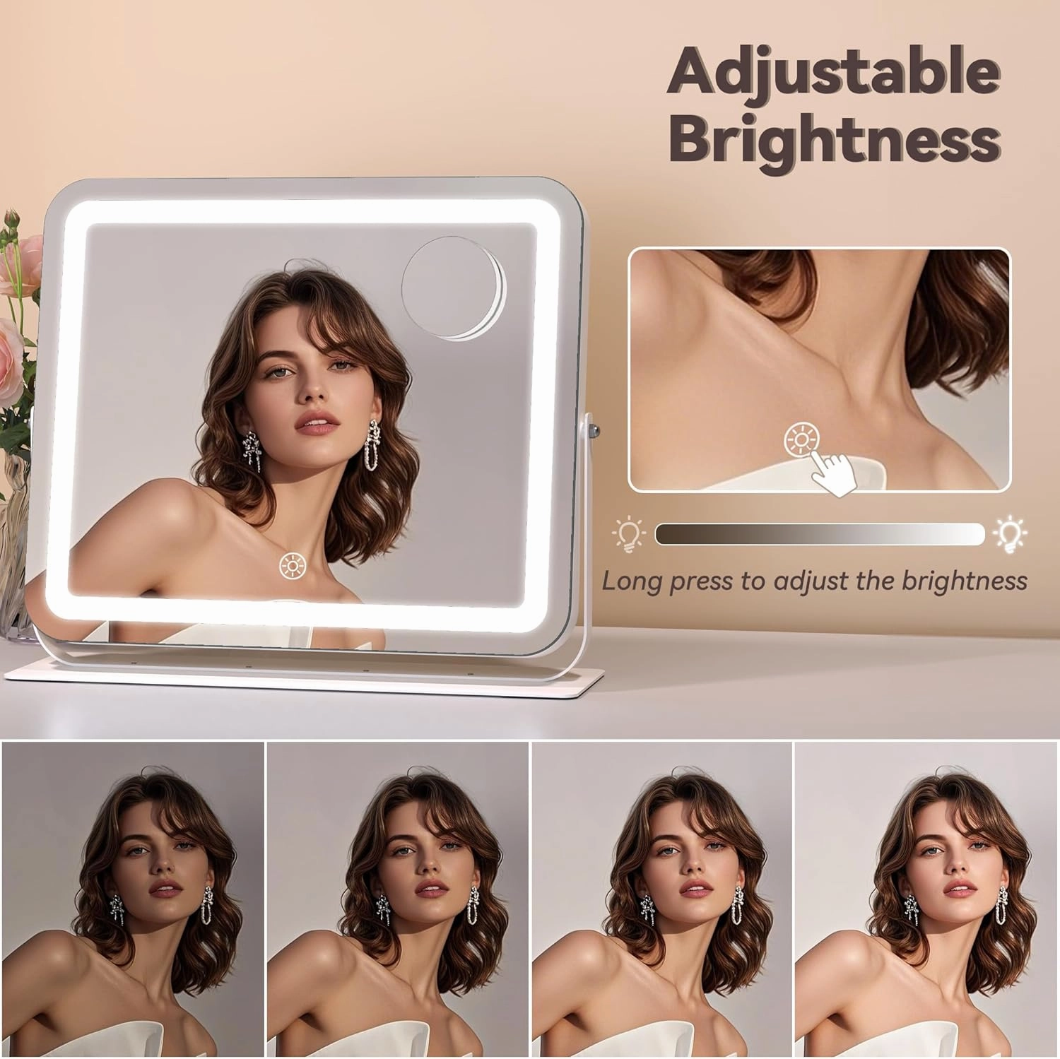 Hasipu Makeup Vanity Mirror with Lights, 15" L x 13" W LED Tabletop Make up Mirror for Desk, Lighting & Brightness Adjustment, 360°Rotation, 10x Magnification