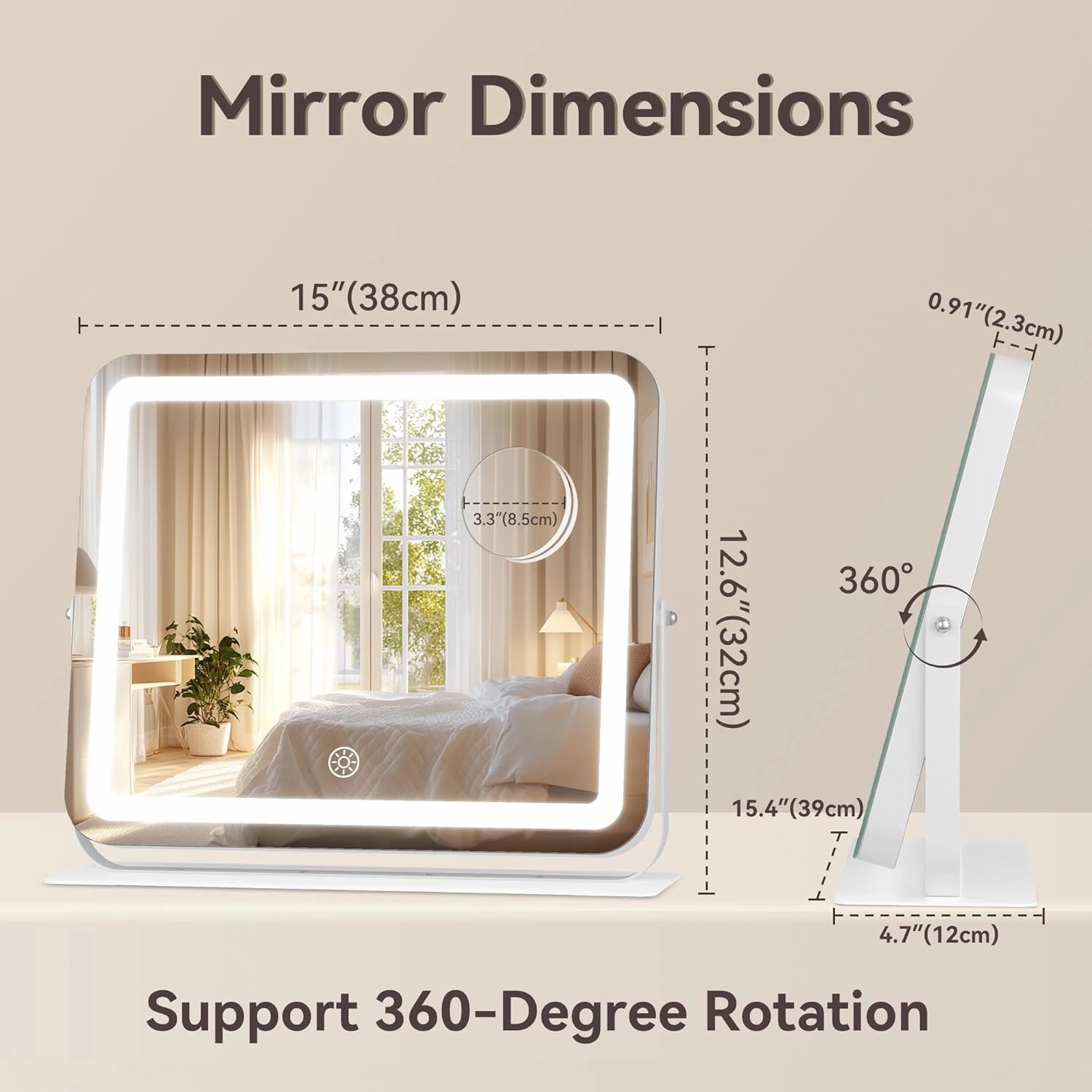 Hasipu Makeup Vanity Mirror with Lights, 15" L x 13" W LED Tabletop Make up Mirror for Desk, Lighting & Brightness Adjustment, 360°Rotation, 10x Magnification
