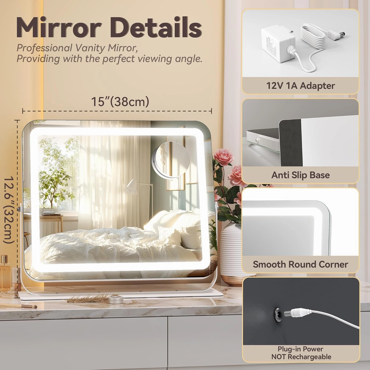 Hasipu Makeup Vanity Mirror with Lights, 15" L x 13" W LED Tabletop Make up Mirror for Desk, Lighting & Brightness Adjustment, 360°Rotation, 10x Magnification