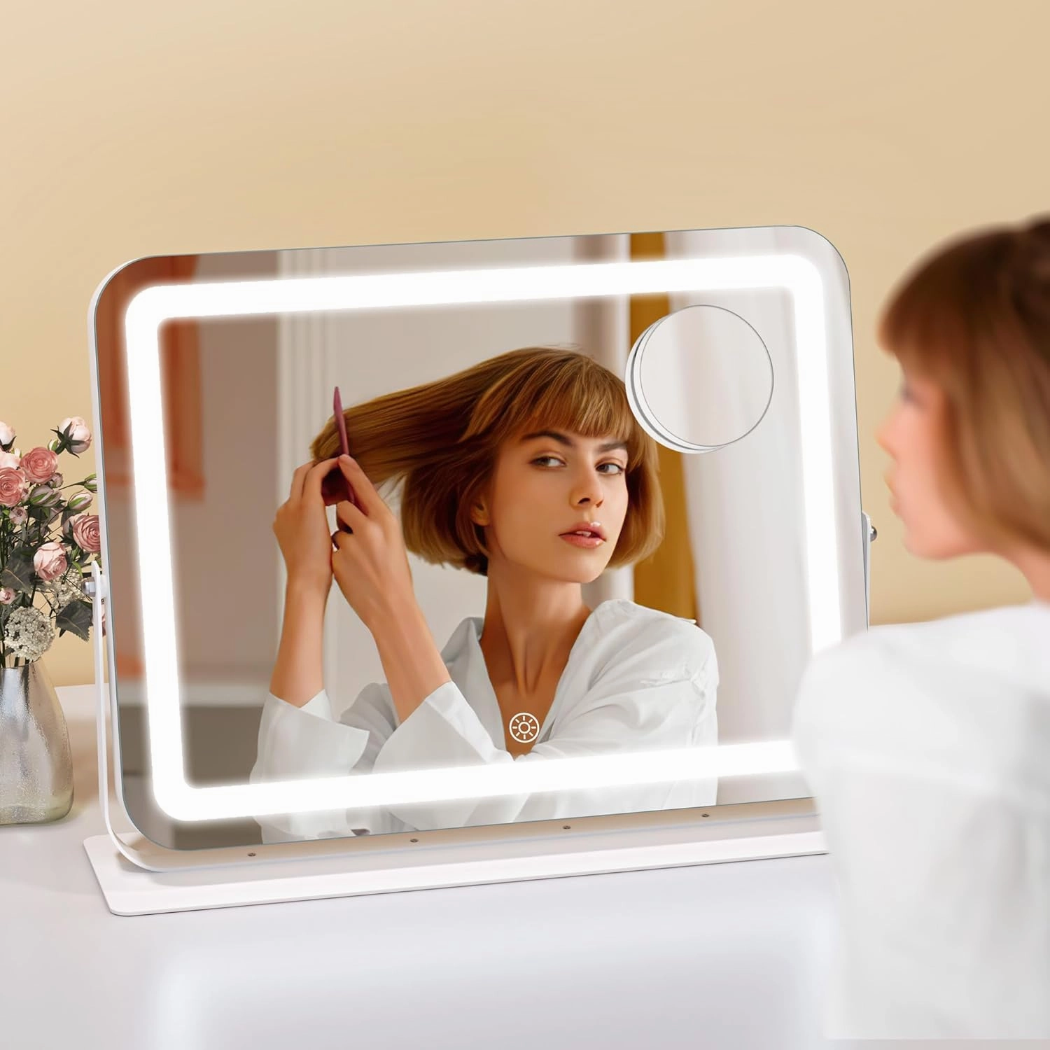 Hasipu Makeup Vanity Mirror with Lights, 16" L x 12" W LED Tabletop Make up Mirror for Desk, Lighting & Brightness Adjustment, 360°Rotation, 10x Magnification