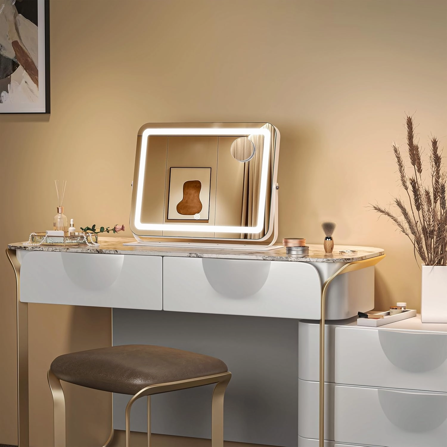 Hasipu Makeup Vanity Mirror with Lights, 16" L x 12" W LED Tabletop Make up Mirror for Desk, Lighting & Brightness Adjustment, 360°Rotation, 10x Magnification