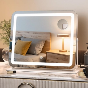Hasipu Makeup Vanity Mirror with Lights, 16" L x 12" W LED Tabletop Make up Mirror for Desk, Lighting & Brightness Adjustment, 360°Rotation, 10x Magnification