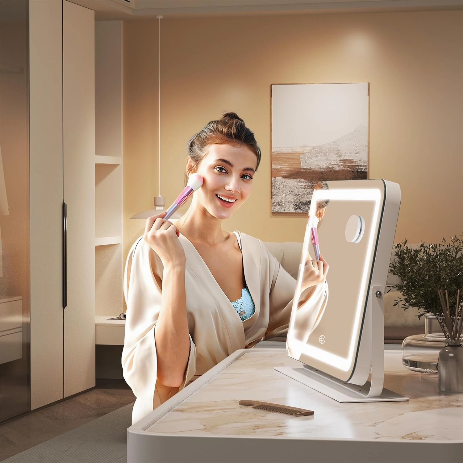 Hasipu Makeup Vanity Mirror with Lights, 16" L x 12" W LED Tabletop Make up Mirror for Desk, Lighting & Brightness Adjustment, 360°Rotation, 10x Magnification