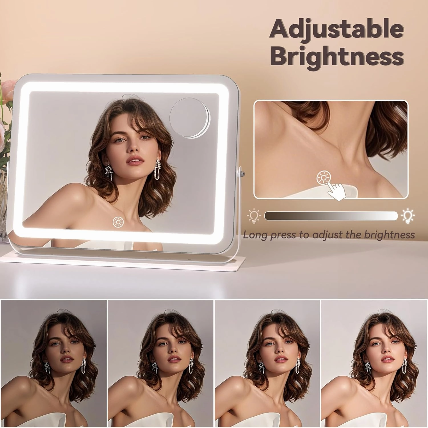 Hasipu Makeup Vanity Mirror with Lights, 16" L x 12" W LED Tabletop Make up Mirror for Desk, Lighting & Brightness Adjustment, 360°Rotation, 10x Magnification