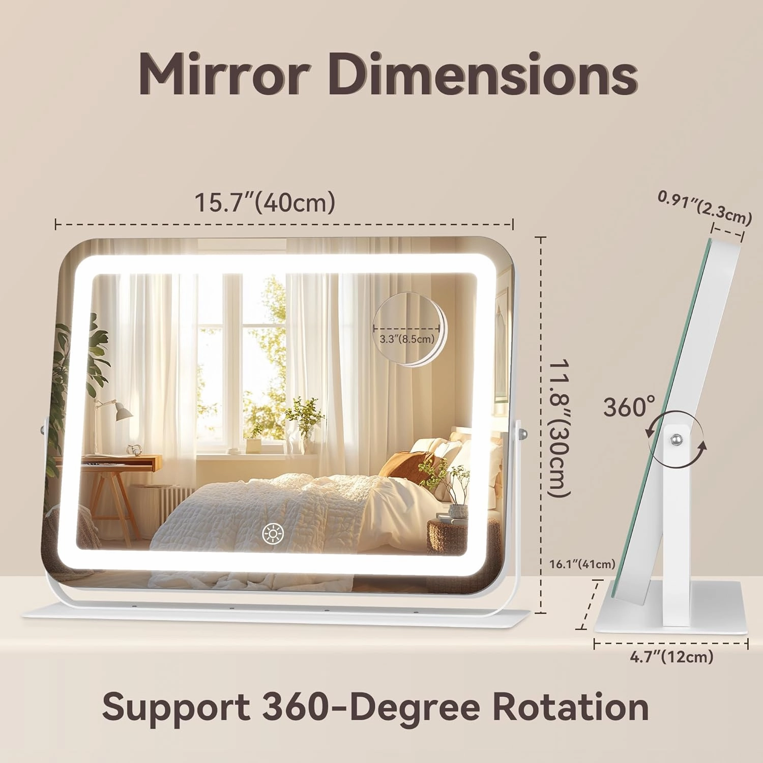 Hasipu Makeup Vanity Mirror with Lights, 16" L x 12" W LED Tabletop Make up Mirror for Desk, Lighting & Brightness Adjustment, 360°Rotation, 10x Magnification