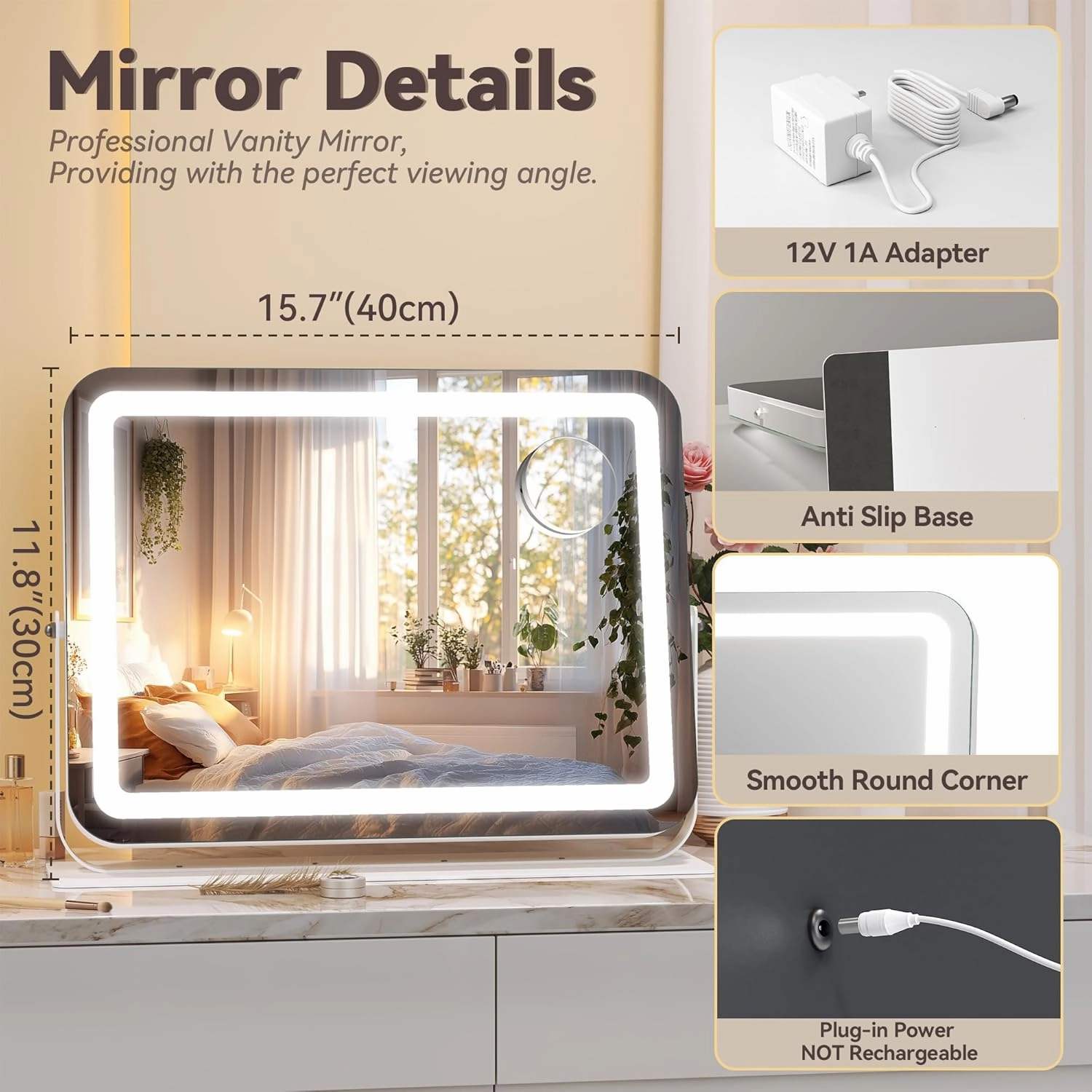 Hasipu Makeup Vanity Mirror with Lights, 16" L x 12" W LED Tabletop Make up Mirror for Desk, Lighting & Brightness Adjustment, 360°Rotation, 10x Magnification