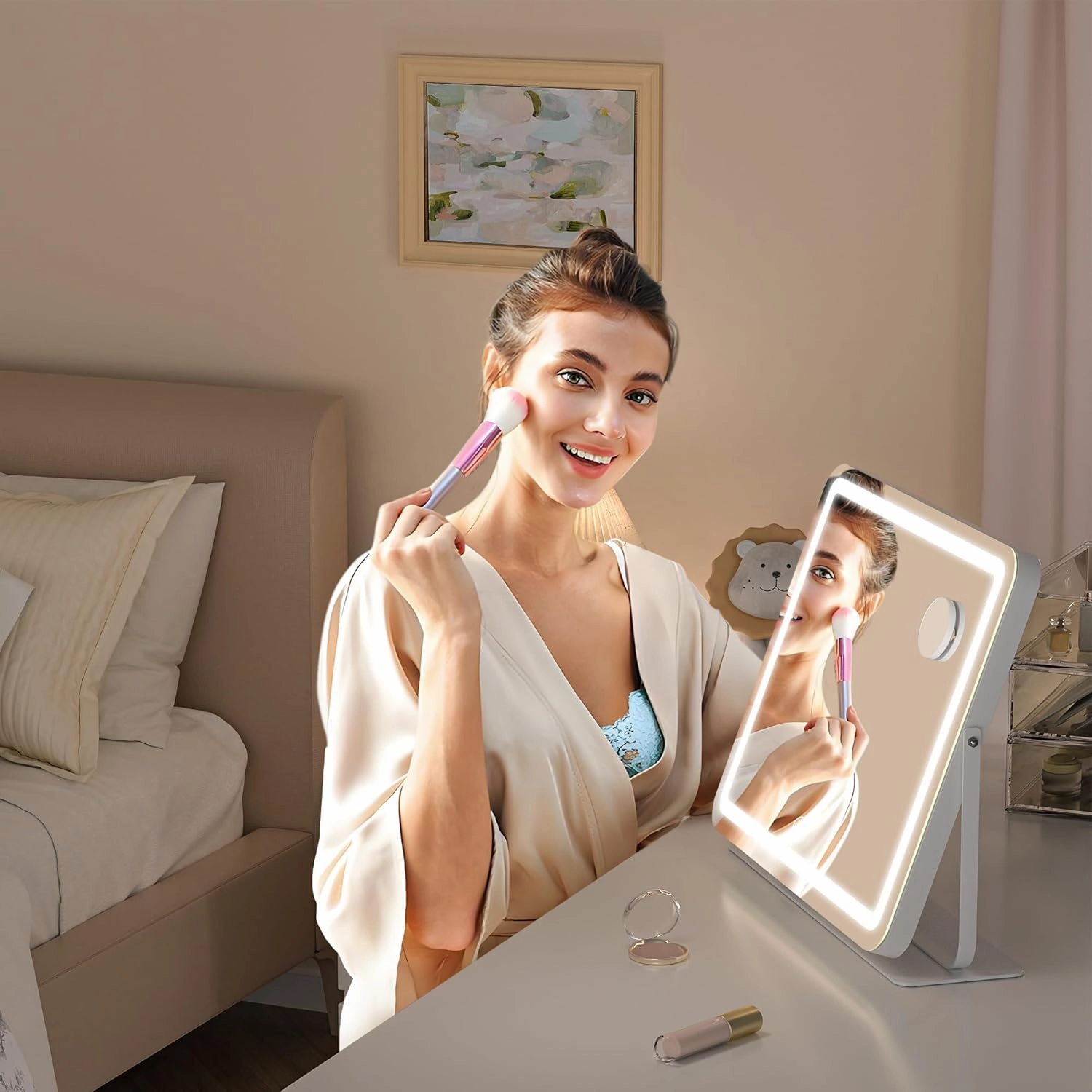 Hasipu Makeup Vanity Mirror with Lights, 18" L x 14" W LED Tabletop Make up Mirror for Desk, Lighting & Brightness Adjustment, 360°Rotation, 10x Magnification
