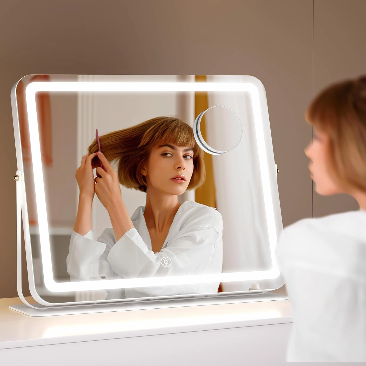 Hasipu Makeup Vanity Mirror with Lights, 18" L x 14" W LED Tabletop Make up Mirror for Desk, Lighting & Brightness Adjustment, 360°Rotation, 10x Magnification