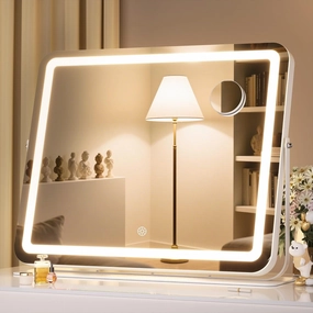 Hasipu Makeup Vanity Mirror with Lights, 18" L x 14" W LED Tabletop Make up Mirror for Desk, Lighting & Brightness Adjustment, 360°Rotation, 10x Magnification