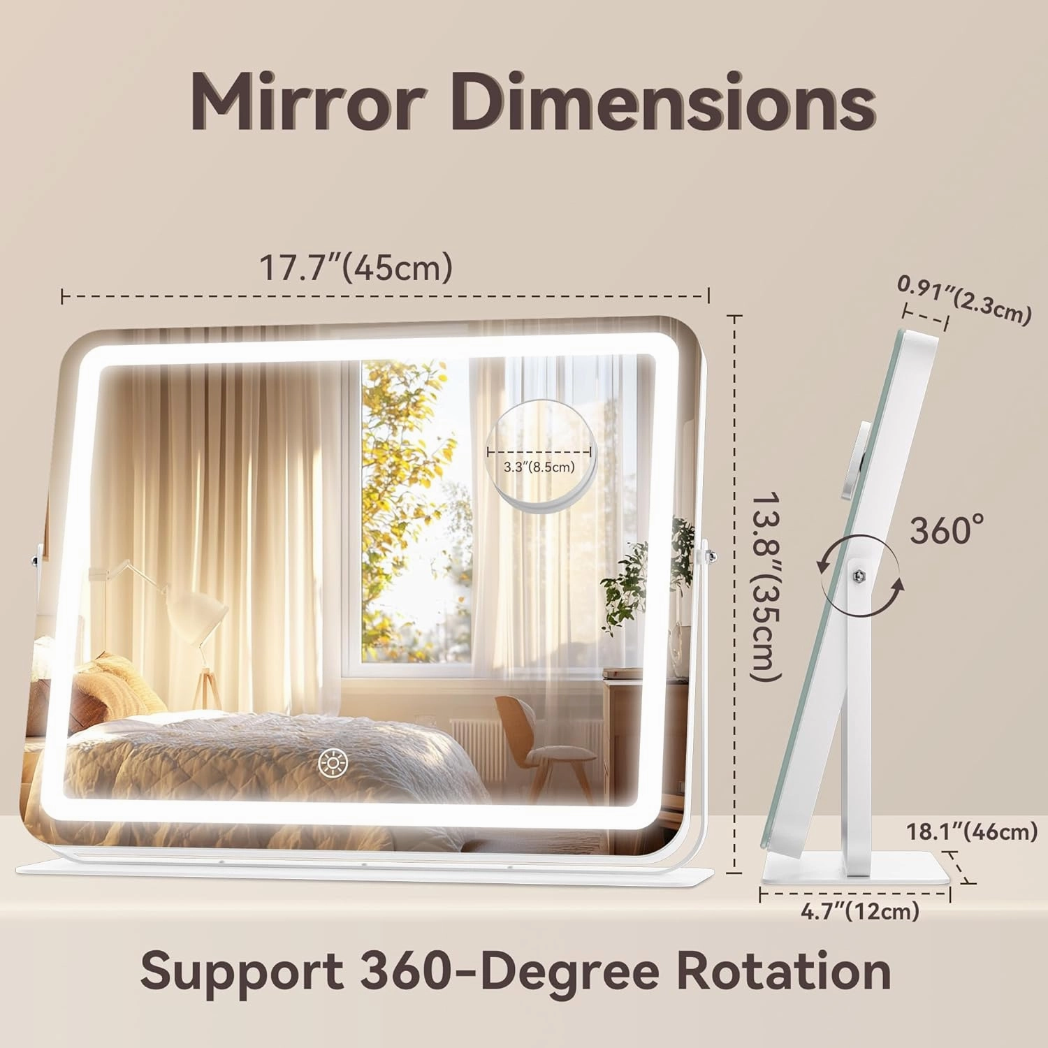 Hasipu Makeup Vanity Mirror with Lights, 18" L x 14" W LED Tabletop Make up Mirror for Desk, Lighting & Brightness Adjustment, 360°Rotation, 10x Magnification