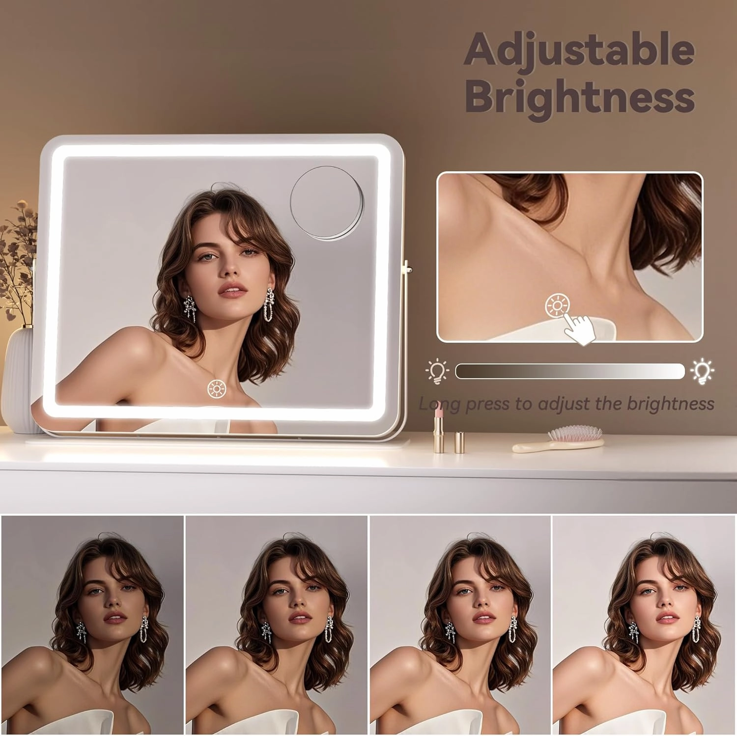Hasipu Makeup Vanity Mirror with Lights, 18" L x 14" W LED Tabletop Make up Mirror for Desk, Lighting & Brightness Adjustment, 360°Rotation, 10x Magnification