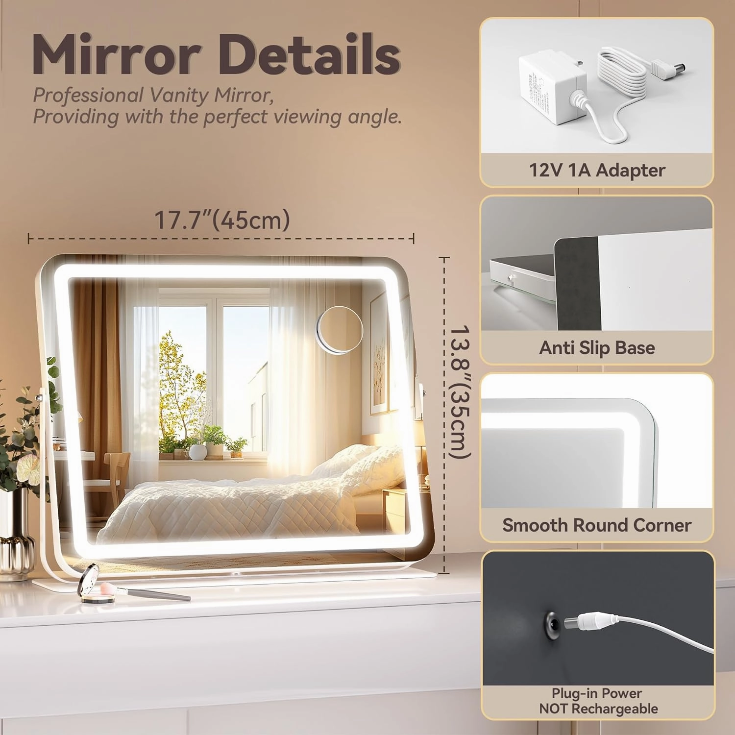 Hasipu Makeup Vanity Mirror with Lights, 18" L x 14" W LED Tabletop Make up Mirror for Desk, Lighting & Brightness Adjustment, 360°Rotation, 10x Magnification