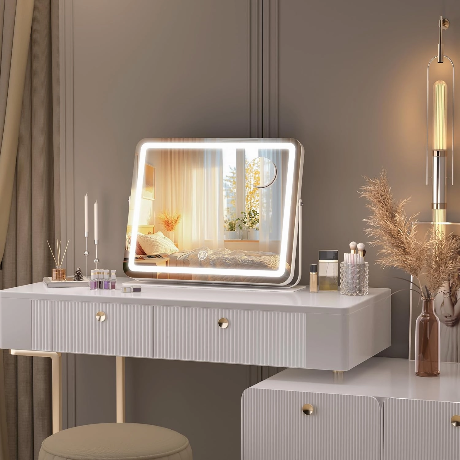 Hasipu Makeup Vanity Mirror with Lights, 18" L x 14" W LED Tabletop Make up Mirror for Desk, Lighting & Brightness Adjustment, 360°Rotation, 10x Magnification