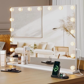 Hollywood Vanity Mirror with Lights, 32" x 24"Lighted Vanity Makeup Mirror with 17 Dimmable Bulbs, 3 Color Modes, Smart Touch Control Makeup Mirror, 3X Magnification for Bedroom, Tabletop